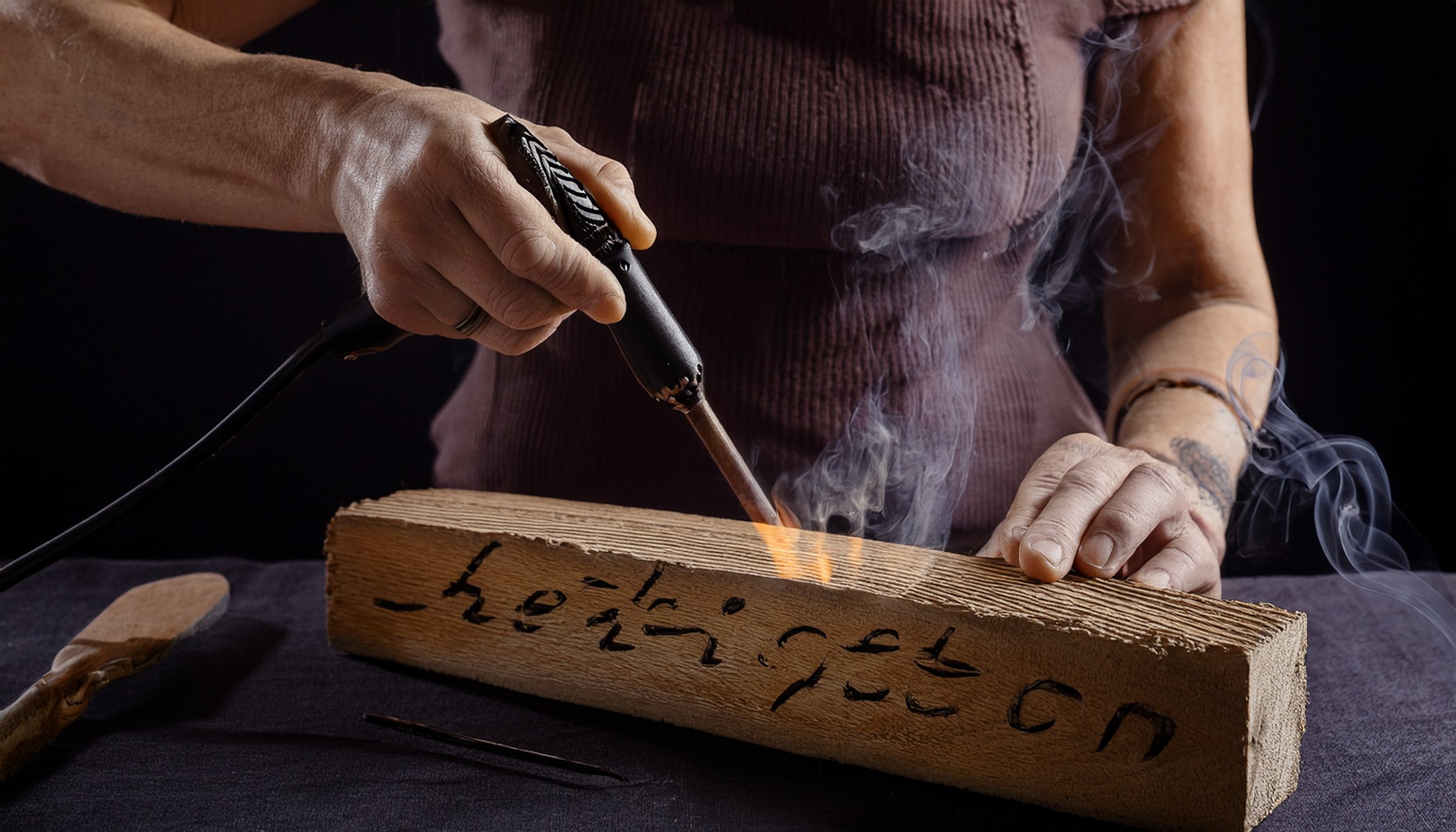 A person using a soldering iron to burn words into a piece of wood with a dark background.