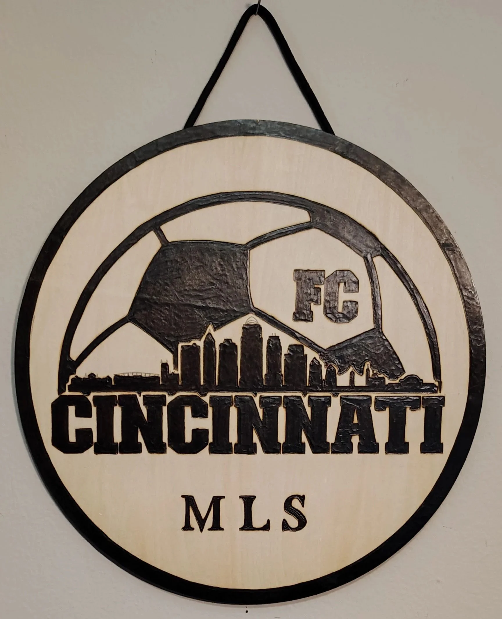 FC Cincinnati Handmade Wood Burned Sign - 12" Round - Custom Wood-Burned Home and Business Signs & Monograms Crafted to Stand Out__