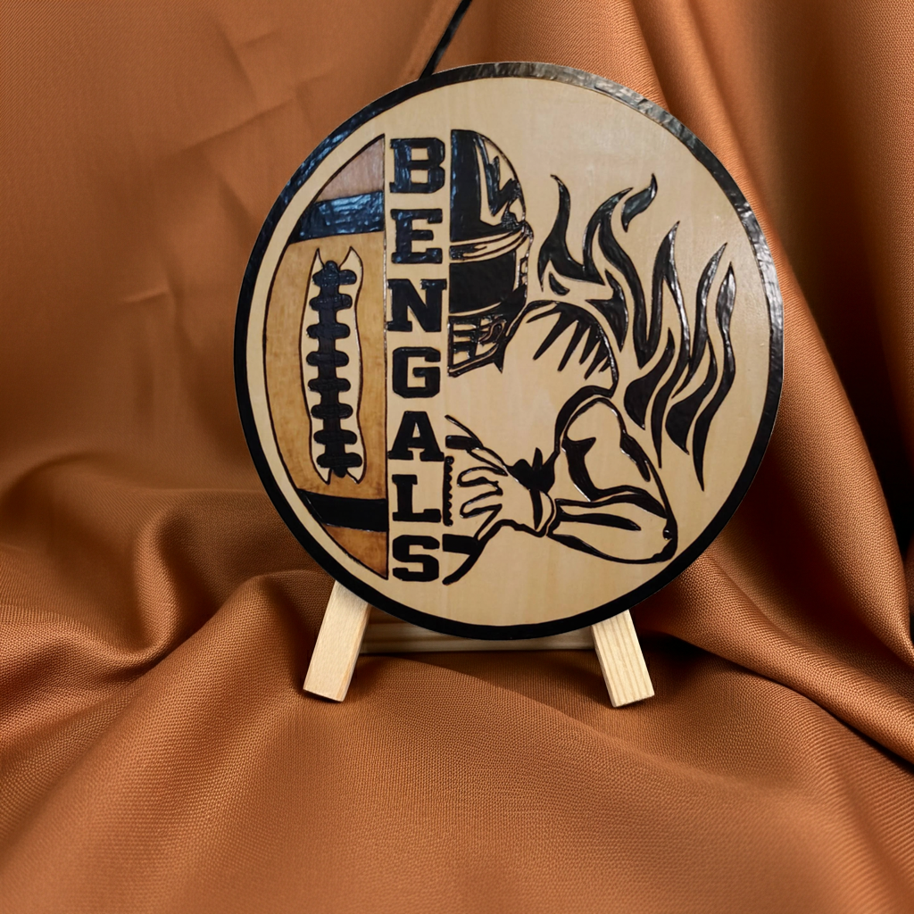 Bengals Football Player Wood-Burned Sign