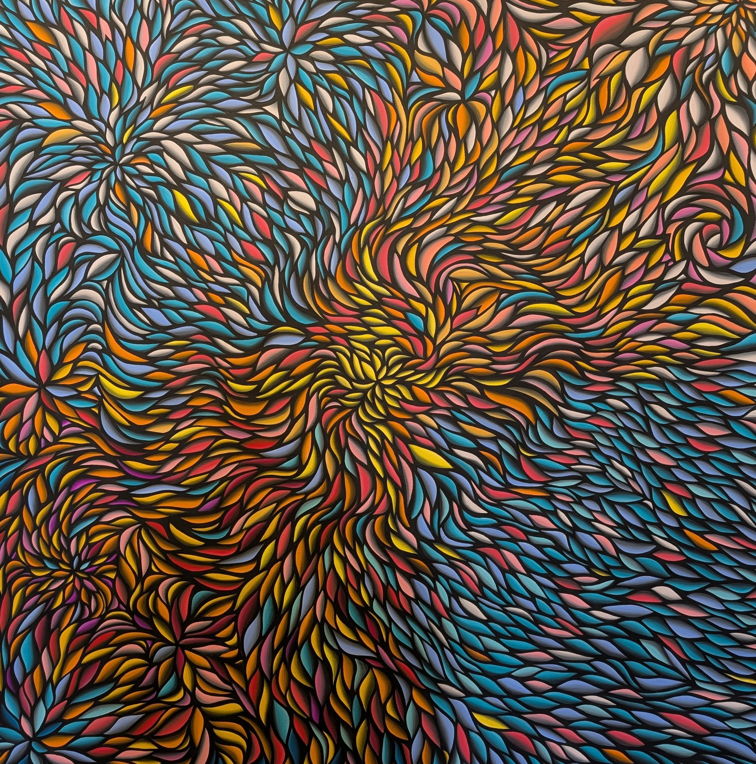 Abstract colorful swirling pattern resembling a flowing and dynamic mosaic of brushstrokes in bright yellow, pink, blue, orange, purple, and black.