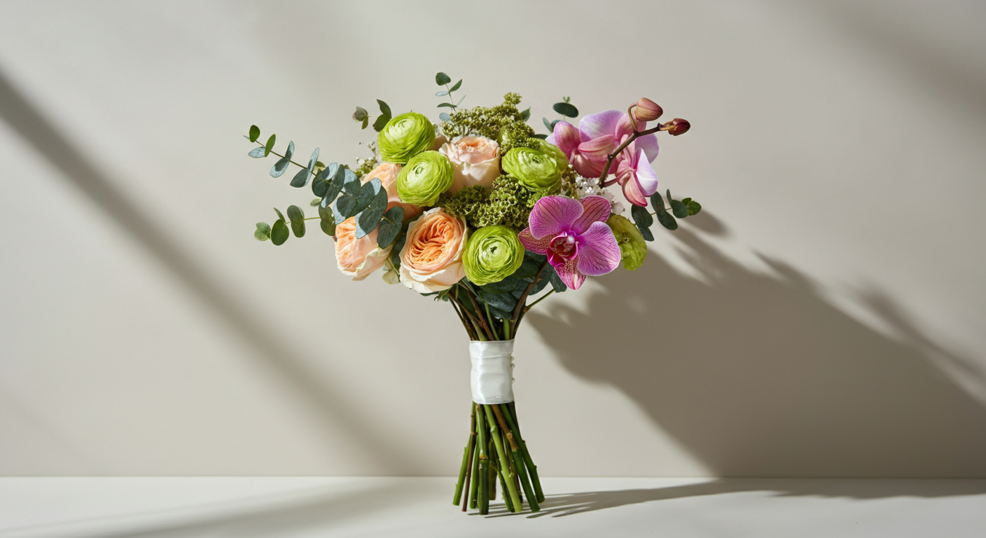 A bouquet of mixed flowers including pink orchids, peach roses, green ranunculus, and eucalyptus leaves, tied with white ribbon.