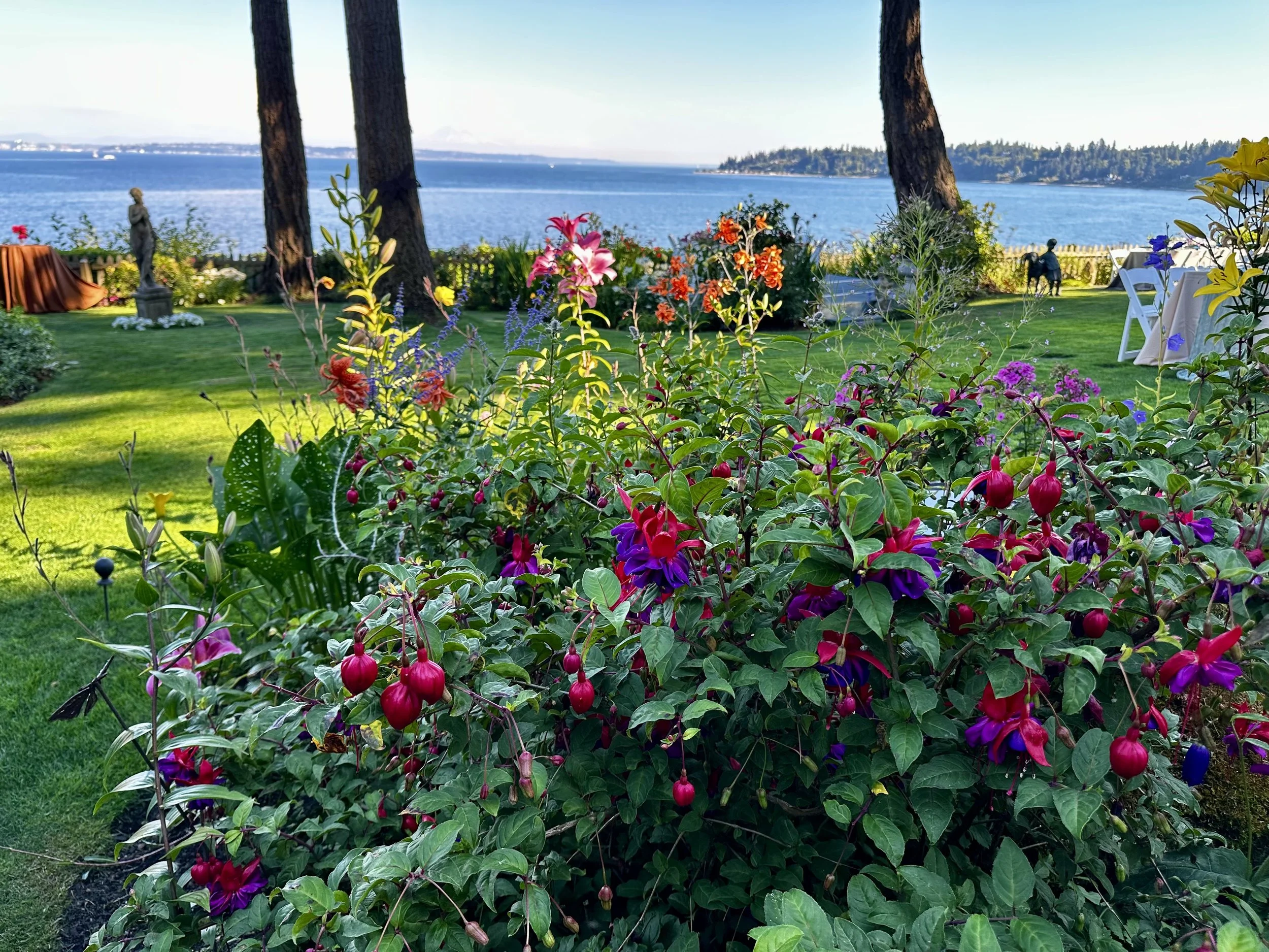 Colorful garden with flowering plants, trees, and a view of a large body of water, with a distant shoreline and mountains. Liora Estate.