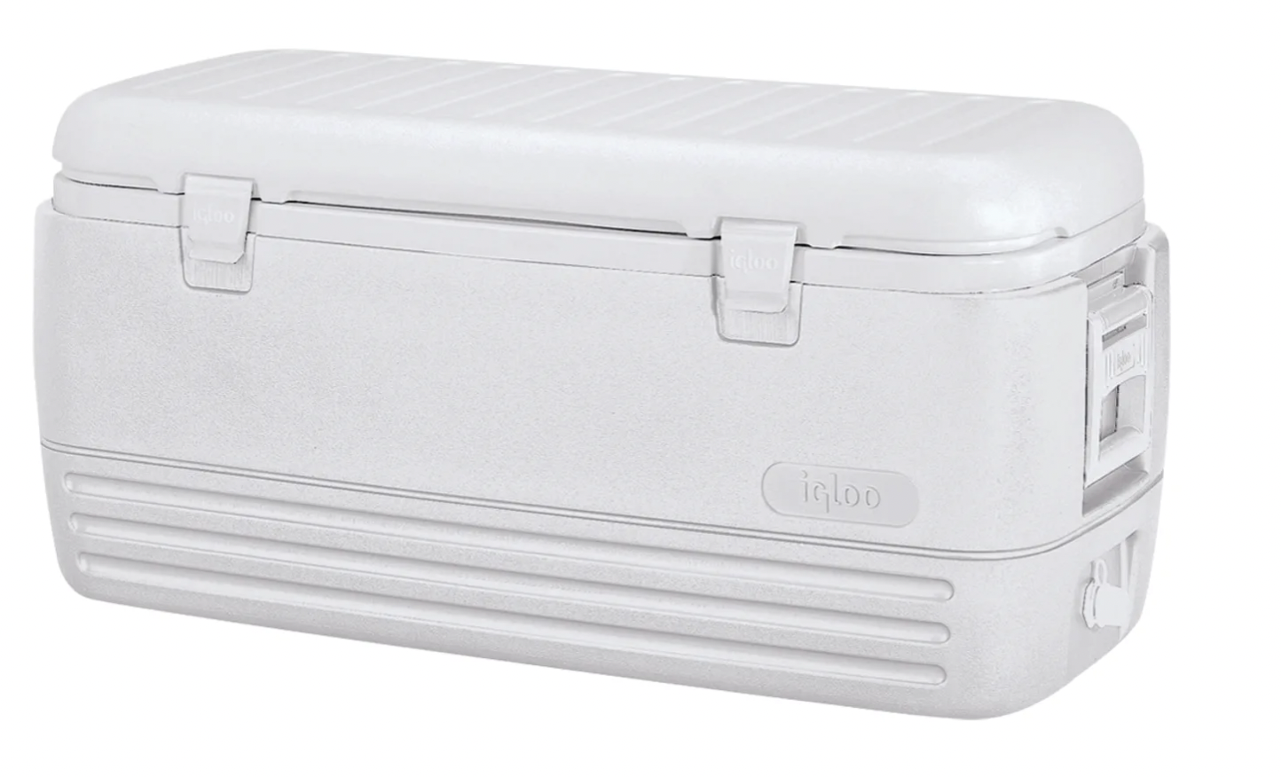 A white ice chest with a handle and latches.