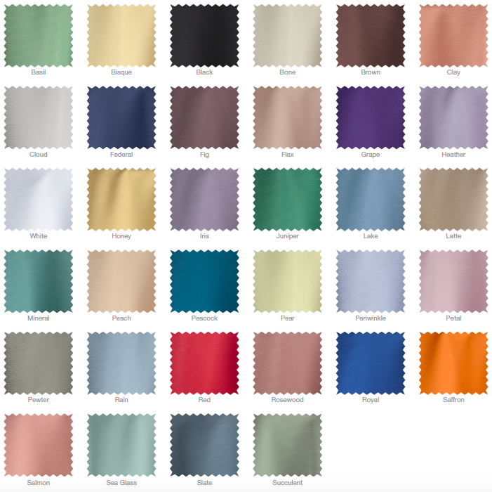 A color chart with fabric swatches arranged in a grid, each labeled with a color name such as Basil, Bisque, Black, Bone, Brown, Clay, Cloud, Federal, Fig, Flax, Grape, Heather, White, Honey, Iris, Juniper, Lake, Latte, Mineral, Peach, Peacock, Pear,
