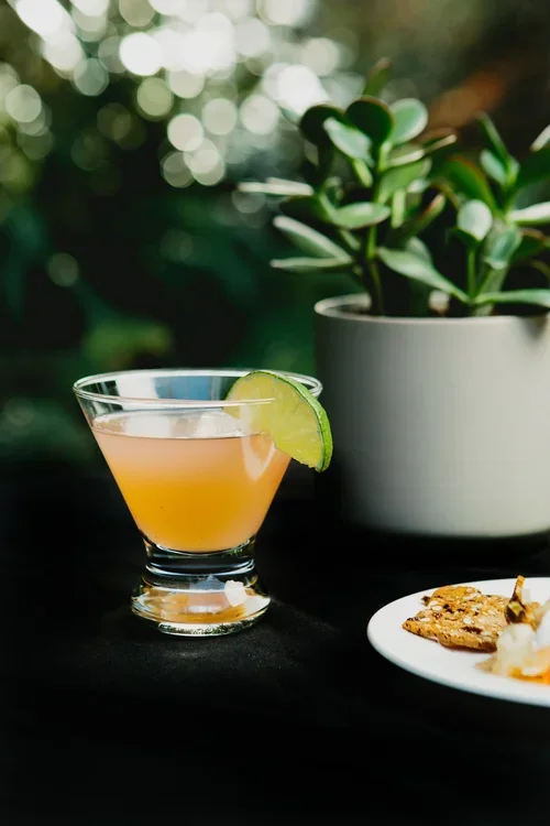 A cocktail with a lime wedge garnish on the rim, placed in a glass on a dark surface with a plant in a white pot in the background.