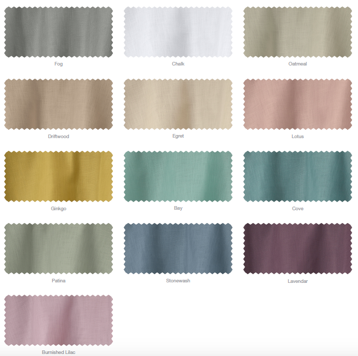 Color swatches labeled Fog, Chalk, Oatmeal, Driftwood, Egret, Lotus, Ginkgo, Bay, Cove, Patina, Stonewash, Lavendar, Burnished Lilac.