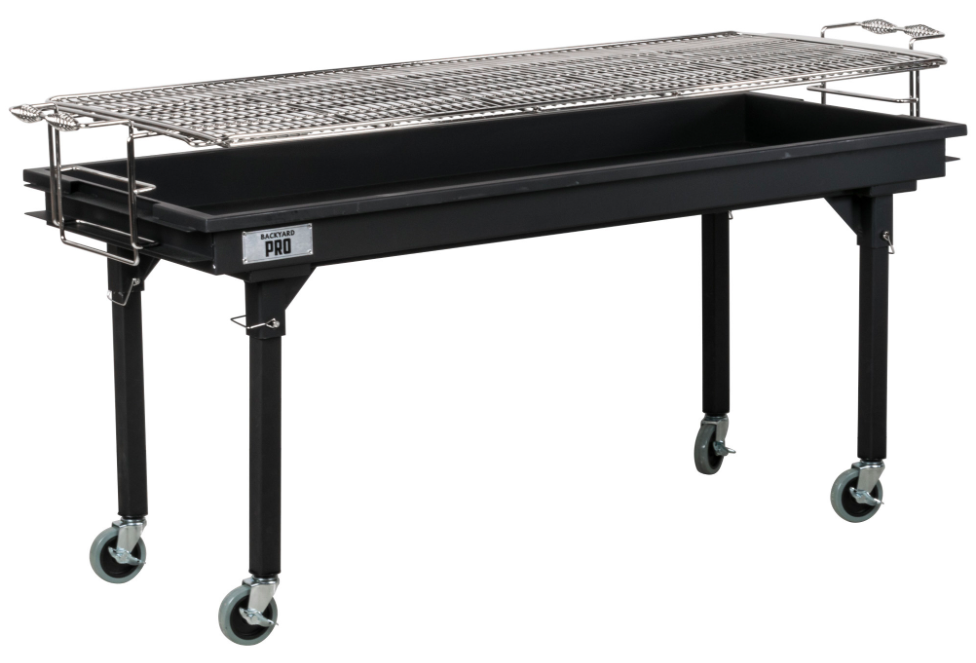 A black outdoor grill with a wire rack on top and a black drip tray underneath, on a stand with four wheels.