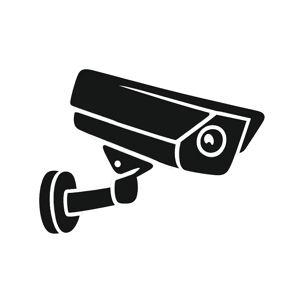 Skizze einer Überwachungskamera in schwarz-weiß mit minimalistischer Linie, die auf schwarzem Hintergrund dargestellt ist.