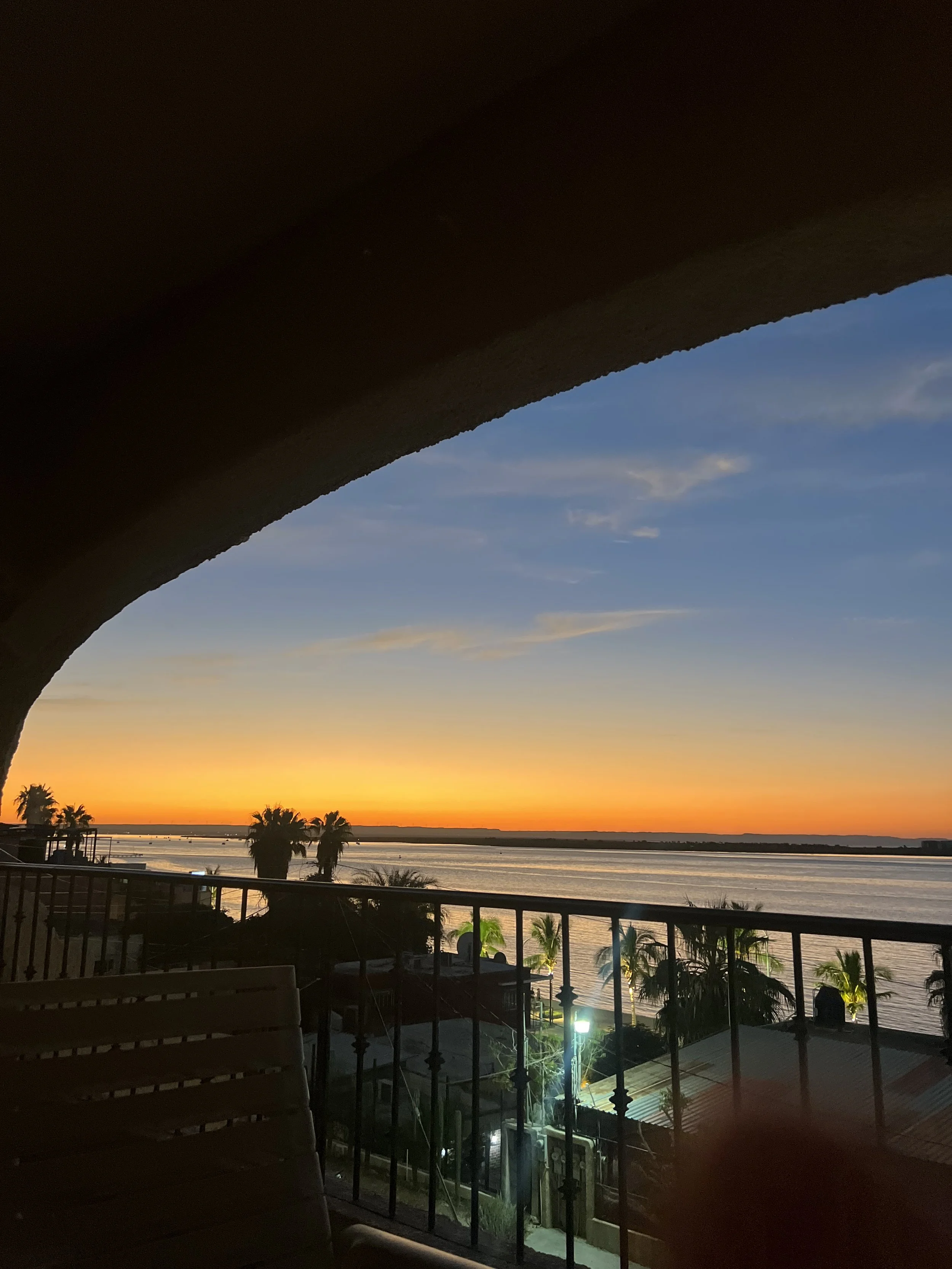 View of a sunset over water, seen from a balcony with palm trees and houses below.