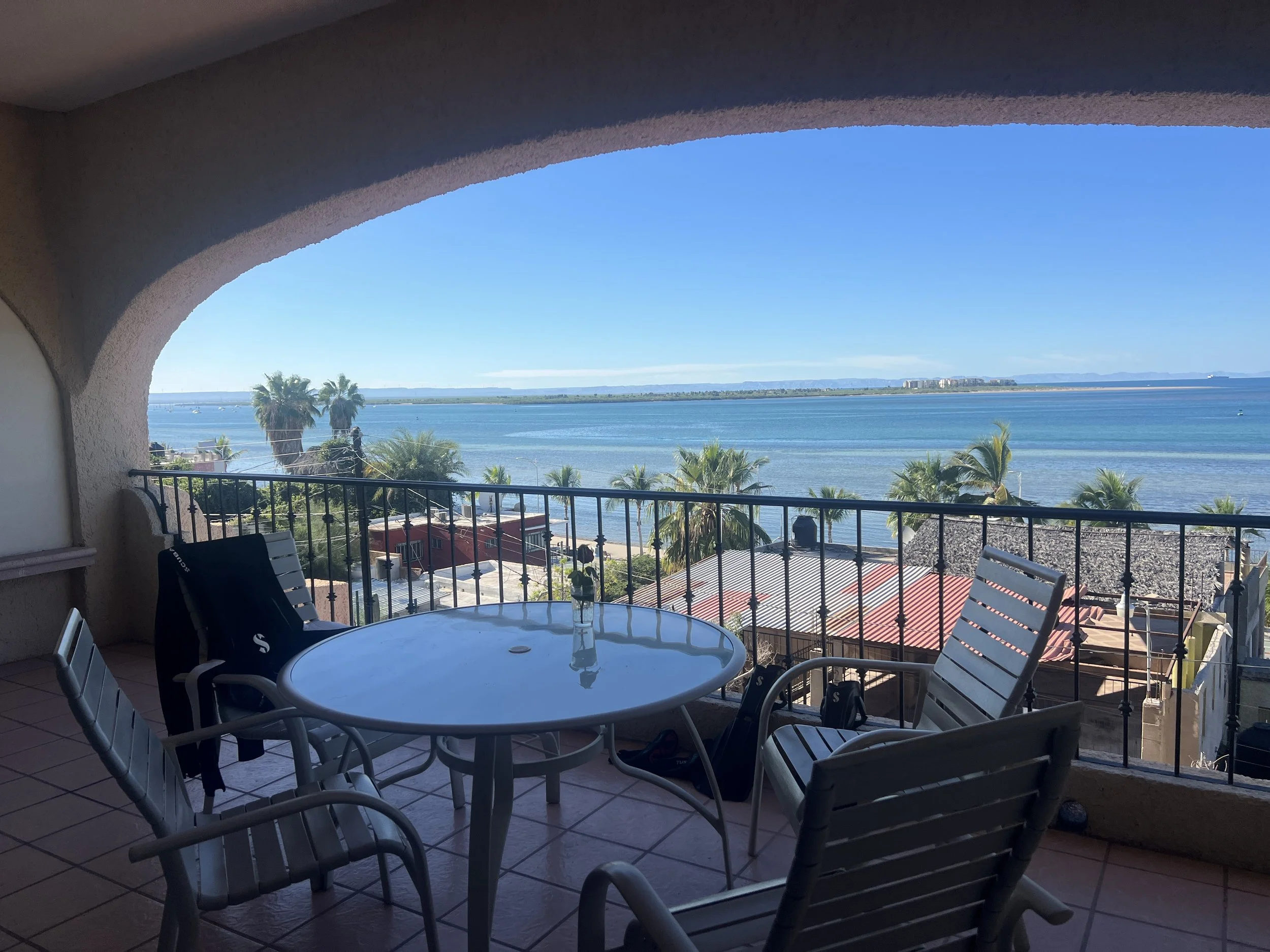 Balcony overlooking ocean with palm trees, rooftops, and distant land under blue sky.