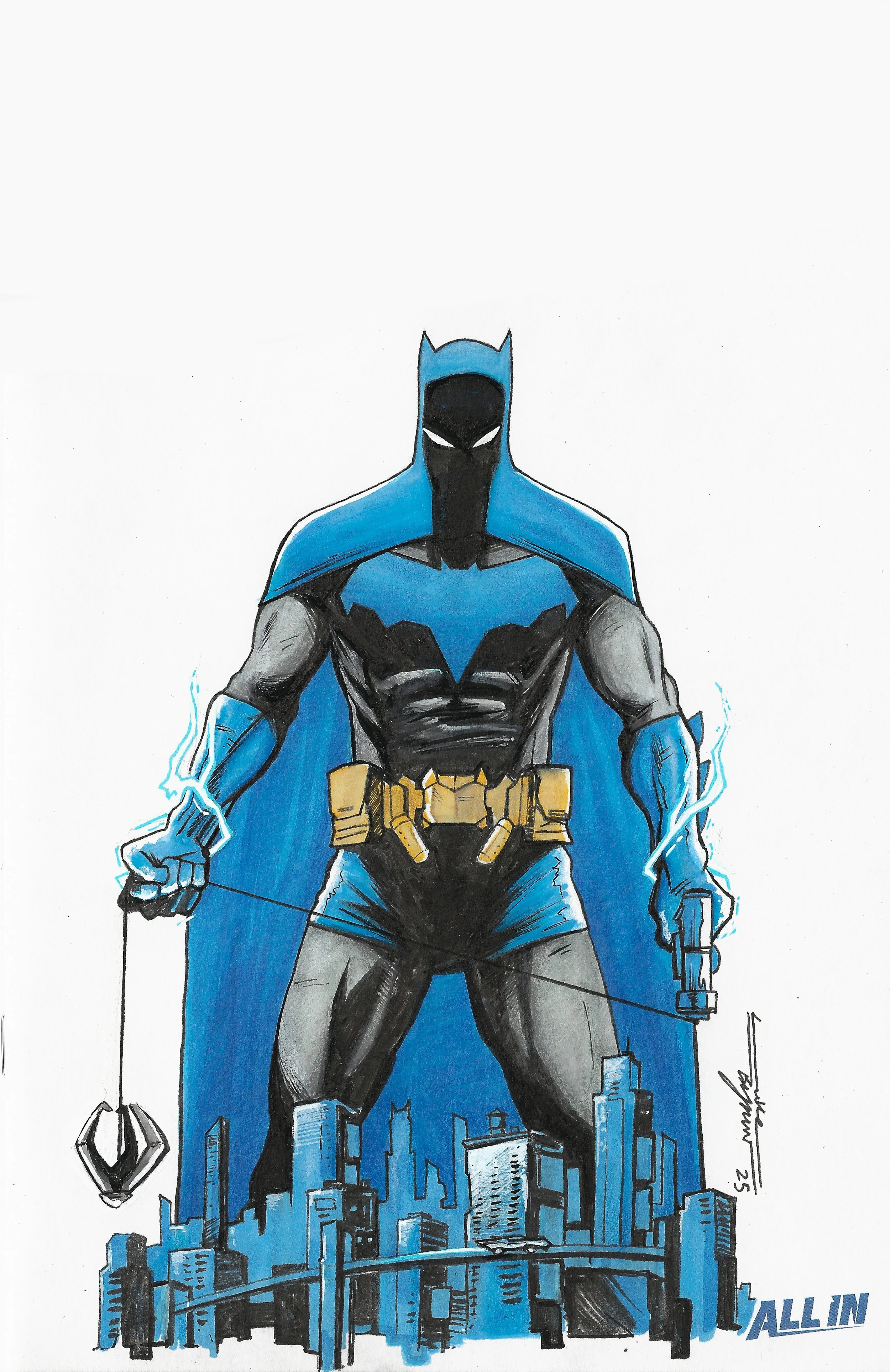 Drawing of Batman standing over Gotham City, holding a Batarang in his left hand and a grappling gun in his right, with lightning effects around his arms and a blue cape and mask.
