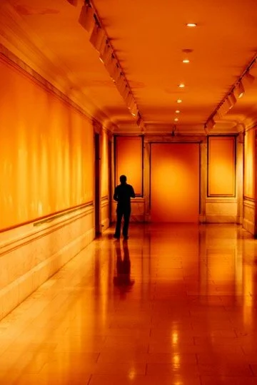 A person walking alone in an elegantly lit, golden-toned hallway with polished wooden floors and ornate wall paneling.
