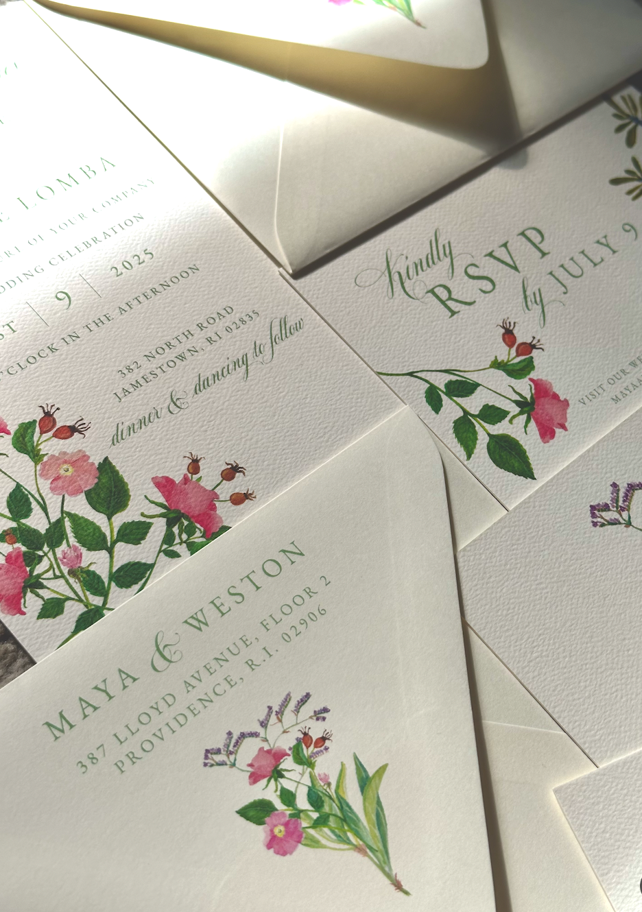 Bespoke Hand-Painted Botanicals. A late Summer wedding on Jamestown next to the historic Windmill set backdrop for these summer florals, printed on textured soft white felt paper. Roses, rose hips, sea lavender and northern bayberry were front and ce