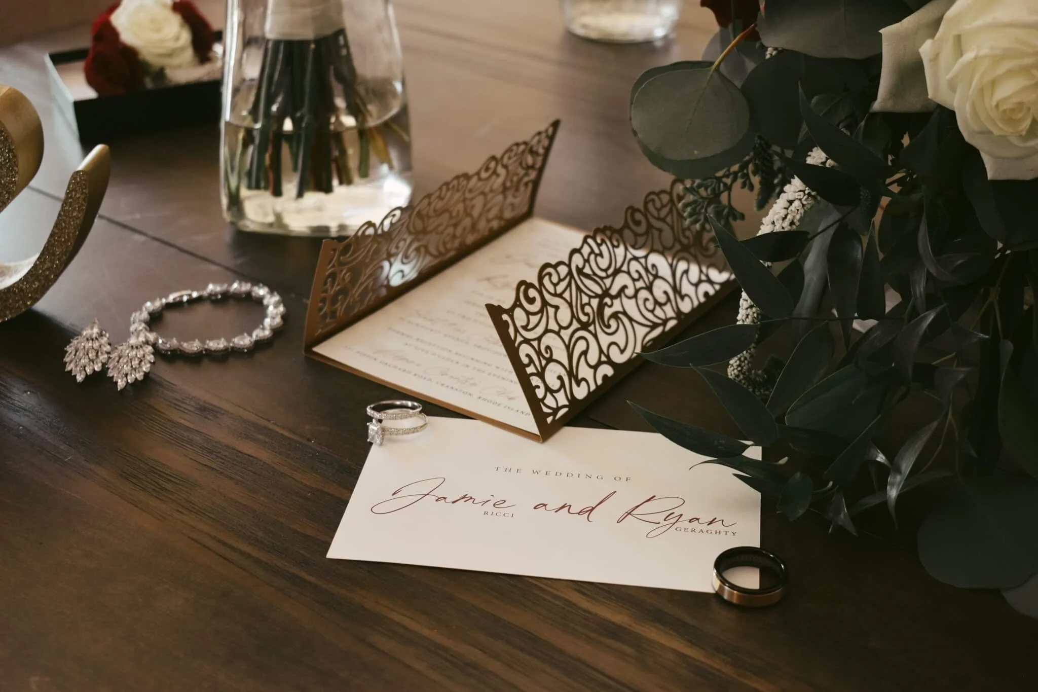 Digitally printed invitation suite on premium paper accompanied by an ornate laser cut gold gate fold for an autumn wedding. Wedding: St. Pius Catholic Church, Providence, Rhode Island and Alpine Country Club, Cranston, Rhode Island