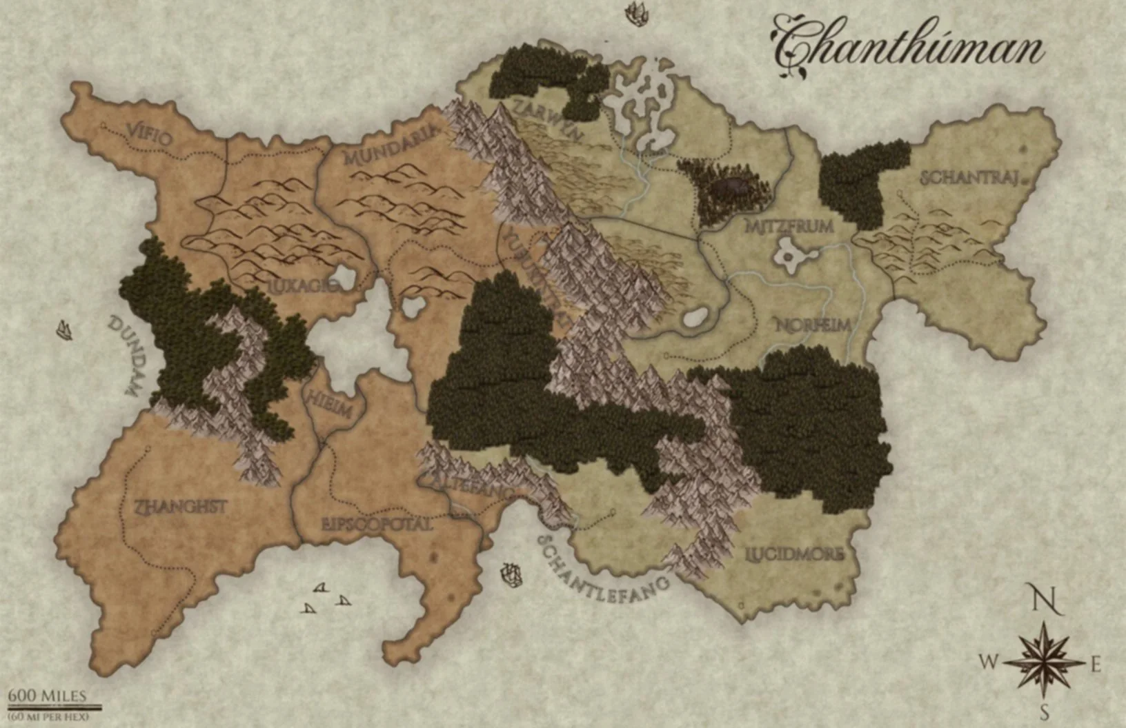 A fantasy map of a land called Chanthuman with various regions labeled. The map features mountains, forests, rivers, and a compass rose indicating directions.