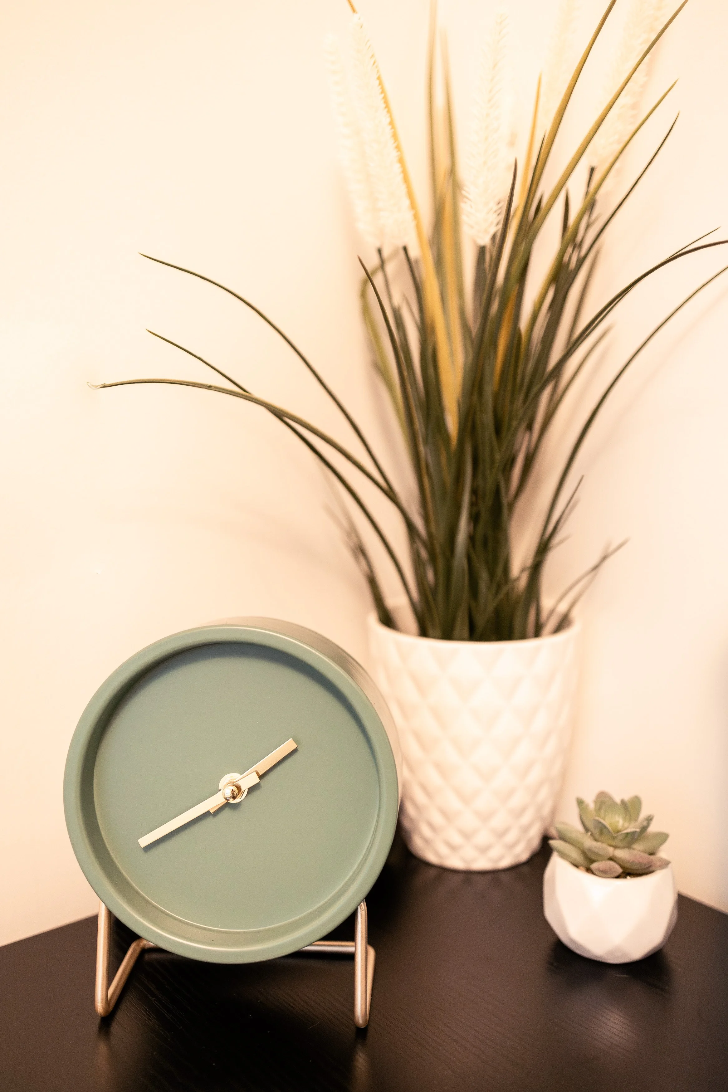 A green round clock with white hands on a metal stand, a large white textured vase with tall green and beige foliage, and a small white pot with succulent plants on a black surface against a plain wall.