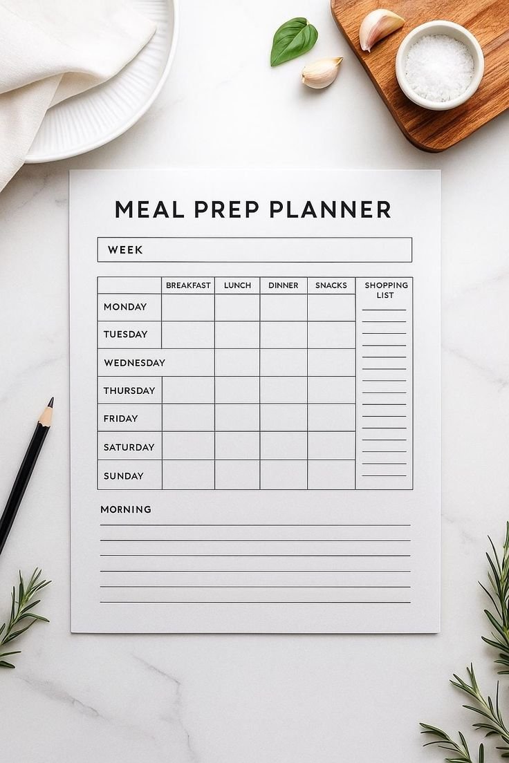 A meal prep planner sheet on a marble surface with a pen, fresh garlic, basil, salt on a wooden cutting board, and some green herbs nearby.