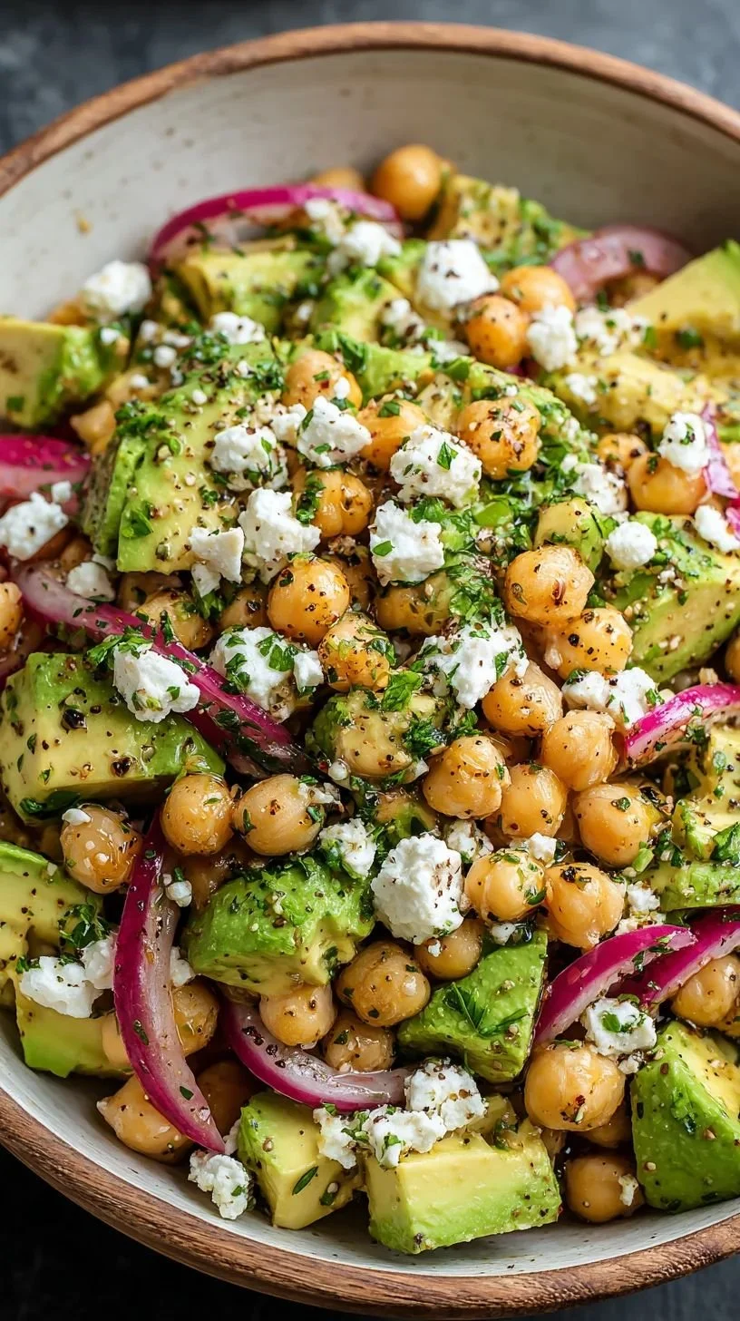 Close-up of a chickpea and avocado salad with red onion and crumbled cheese in a bowl.