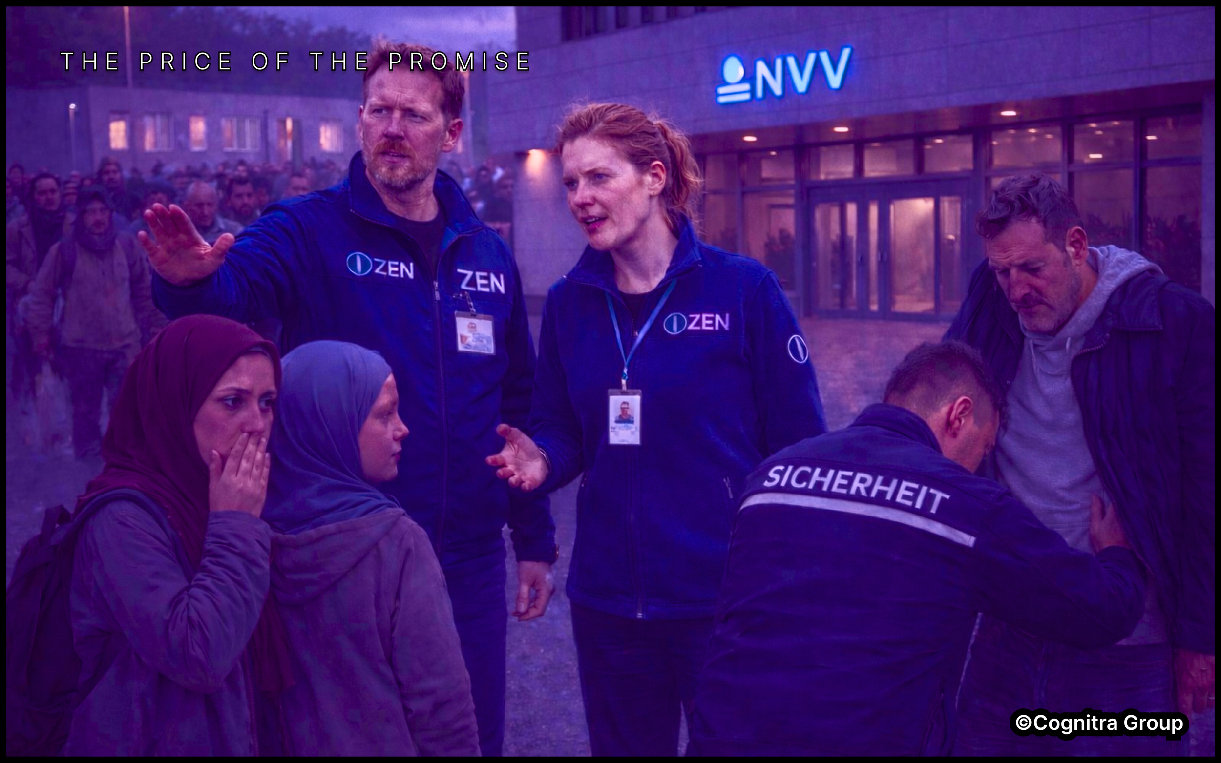 Asylum seekers arriving at a reception facility with security officers and social workers, illustrating institutional authority and the transformation of expectations at migration entry