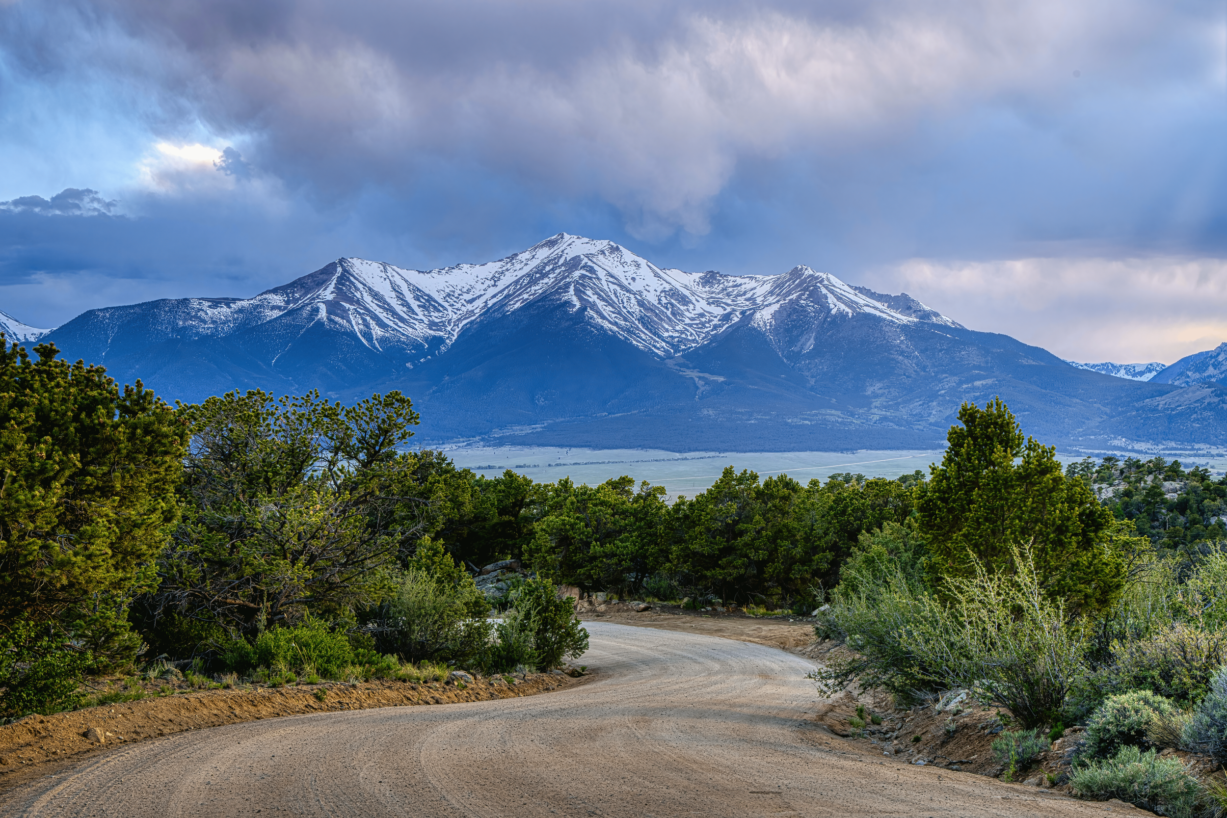 A dirt road curves through green shrubs and trees with snow-capped mountains in the background under a cloudy sky.