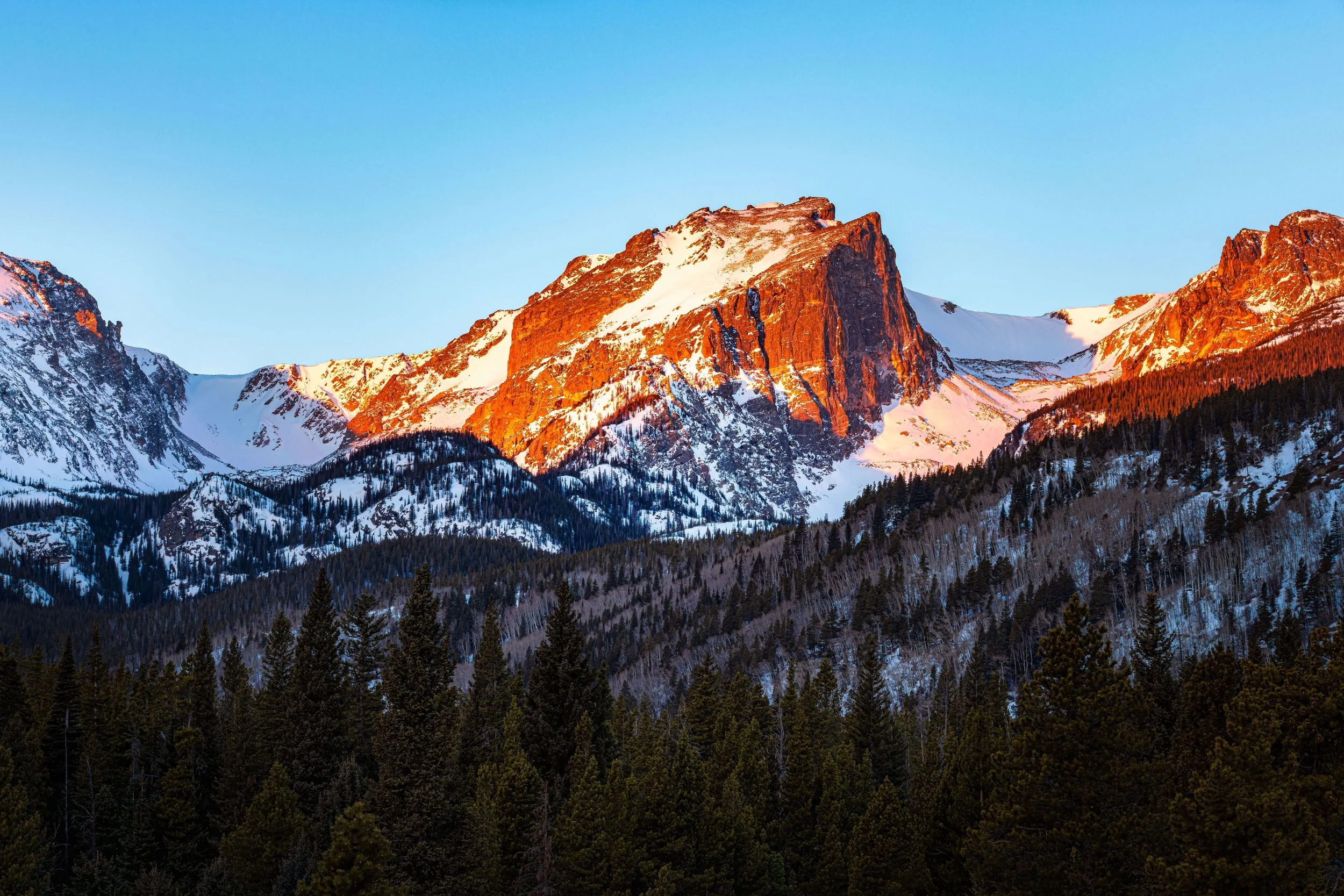 Snow-capped mountain range at sunset with forested foreground.
