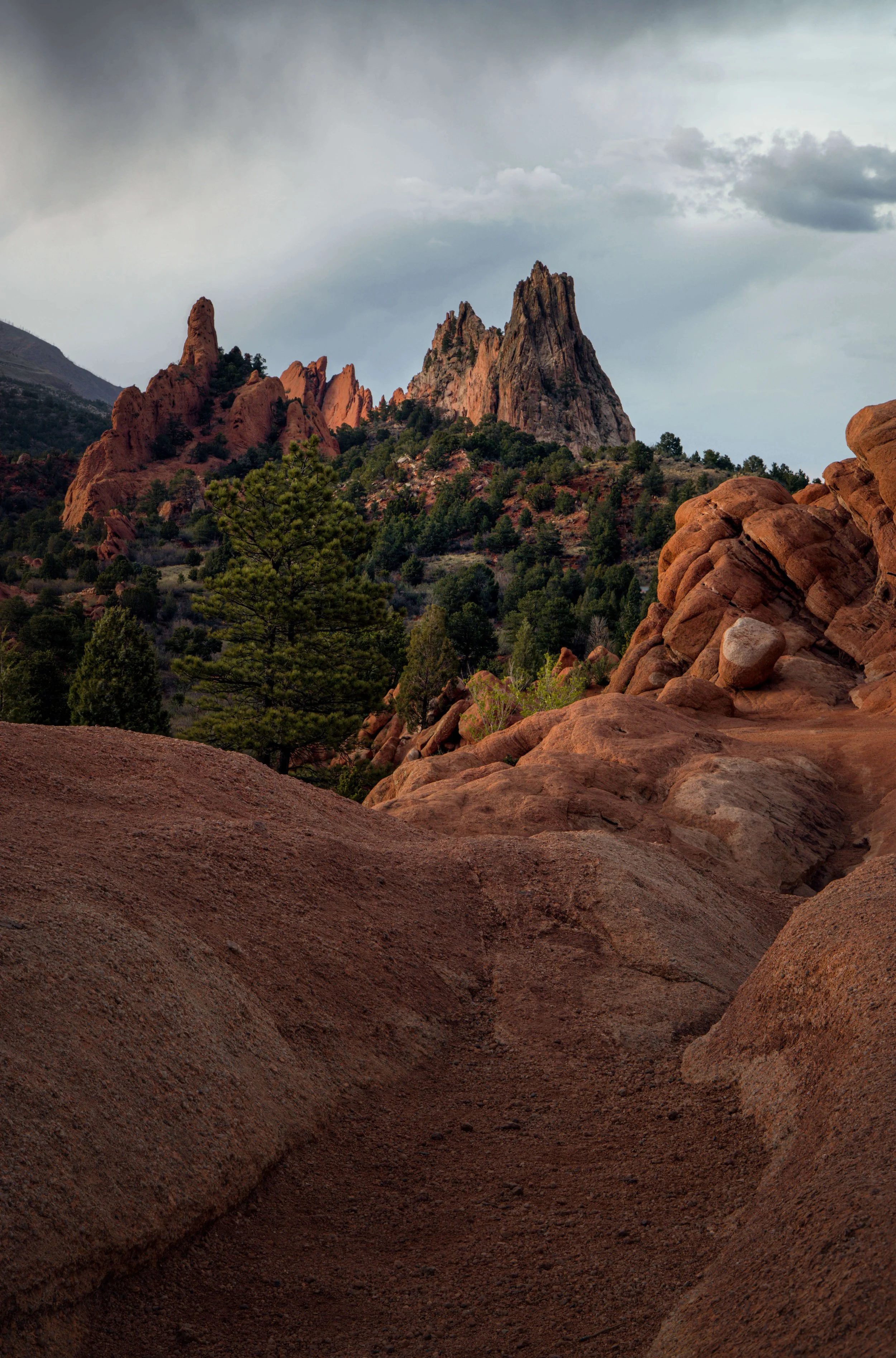 A scenic landscape of rocky mountains with reddish-brown formations, green trees, and an overcast sky.
