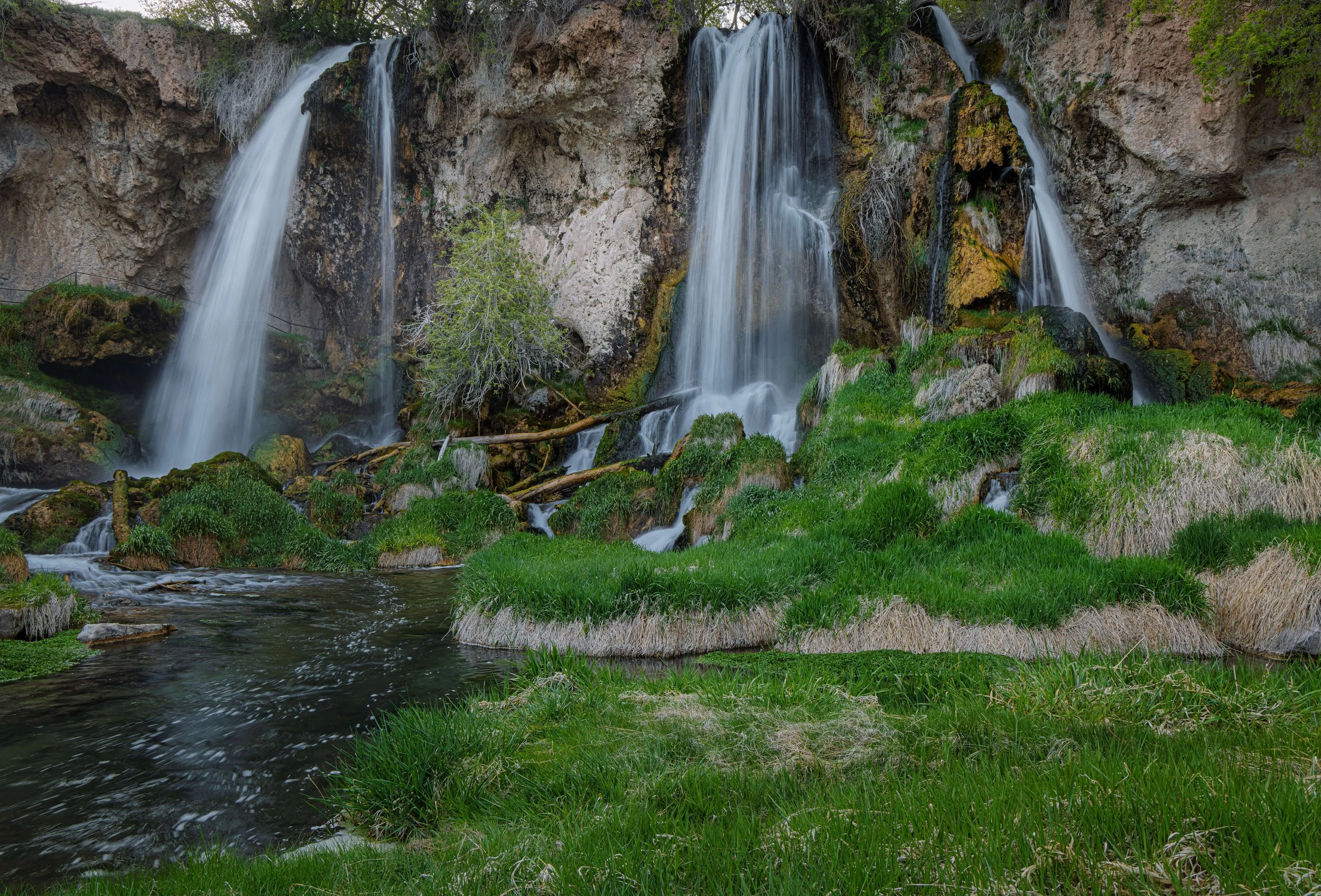 Multiple waterfalls cascading down a rocky cliff into a lush green meadow with a small stream in the foreground.