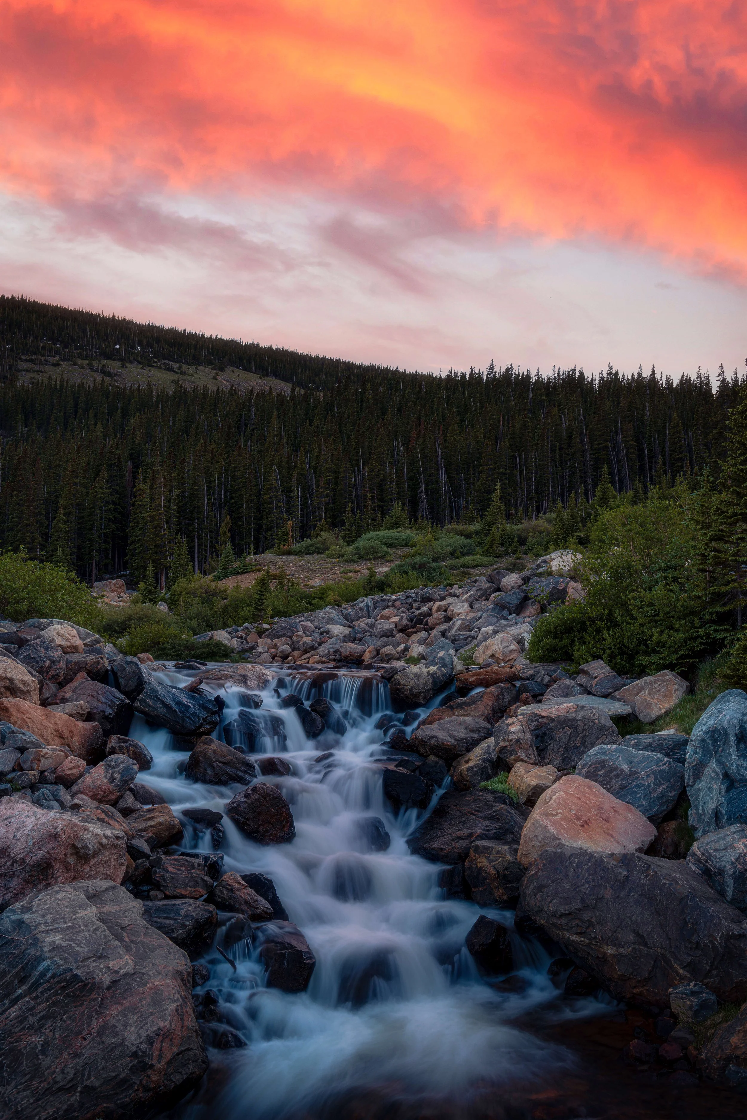 Sunset over a mountain landscape with a stream flowing over rocks and a dense forest of pine trees.