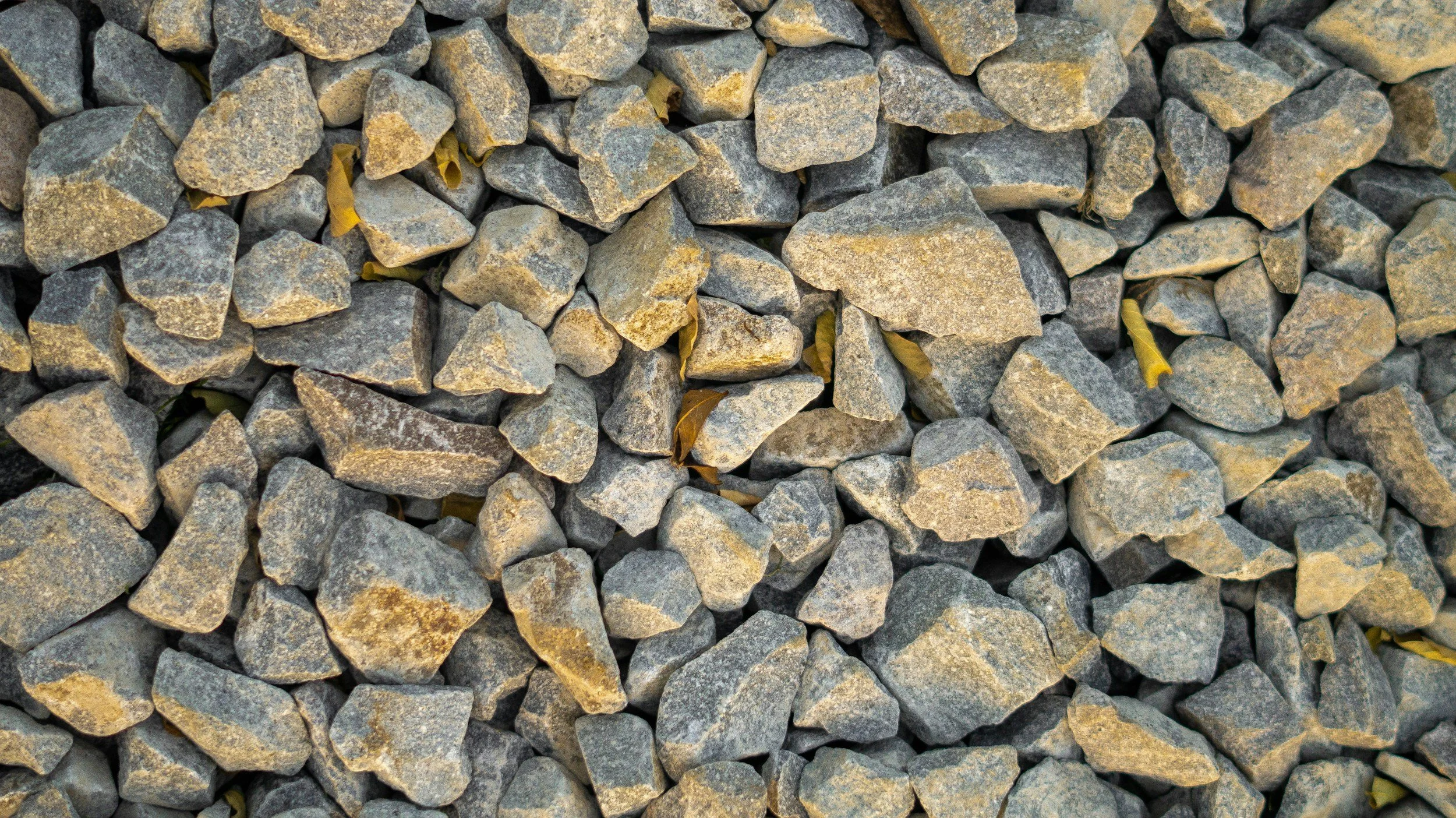 A close-up view of a pile of small gray and tan rocks with some scattered yellow leaves.