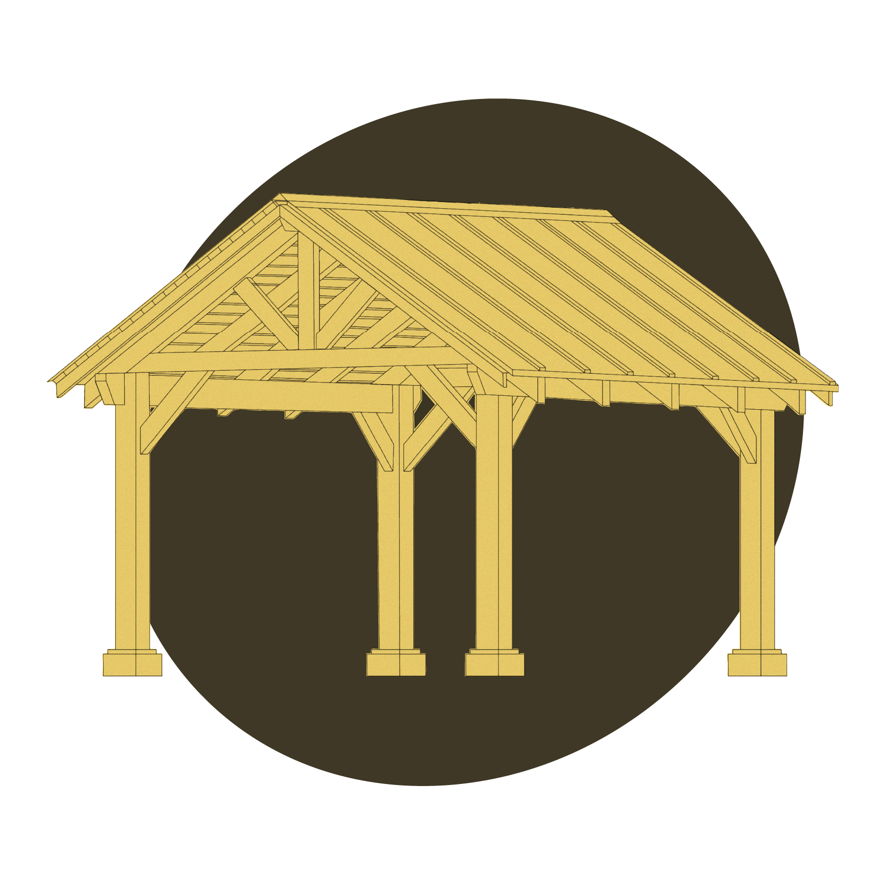 Illustration of a wooden pavilion under construction, showing a detailed framework and roof structure.