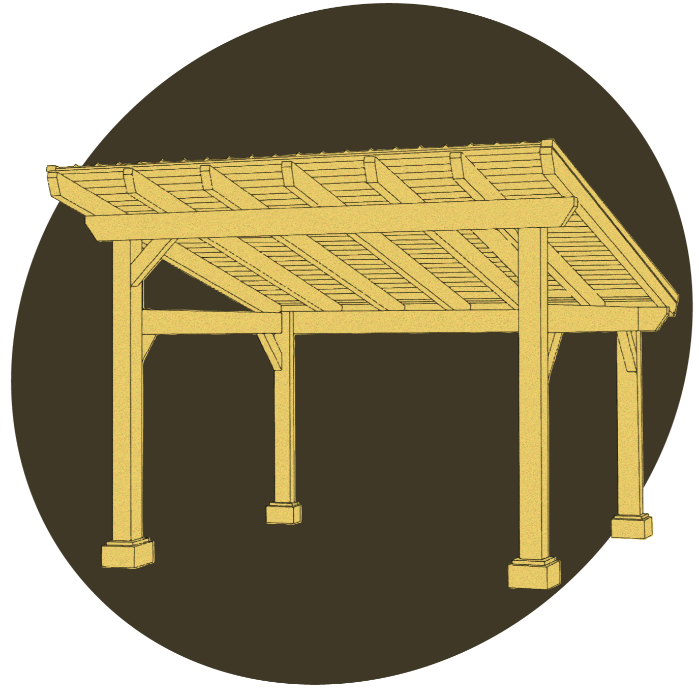 Line drawing of a wooden pergola with a slanted roof and four supportive posts.