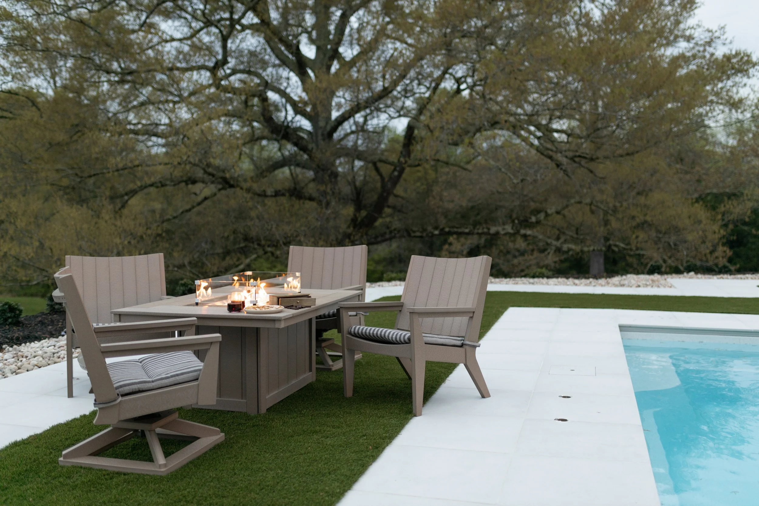 Mayhew Chat Chairs & Swivel Rockers with Donoma in Weatherwood. Seat Cushions in Sail Away Java 2.jpg