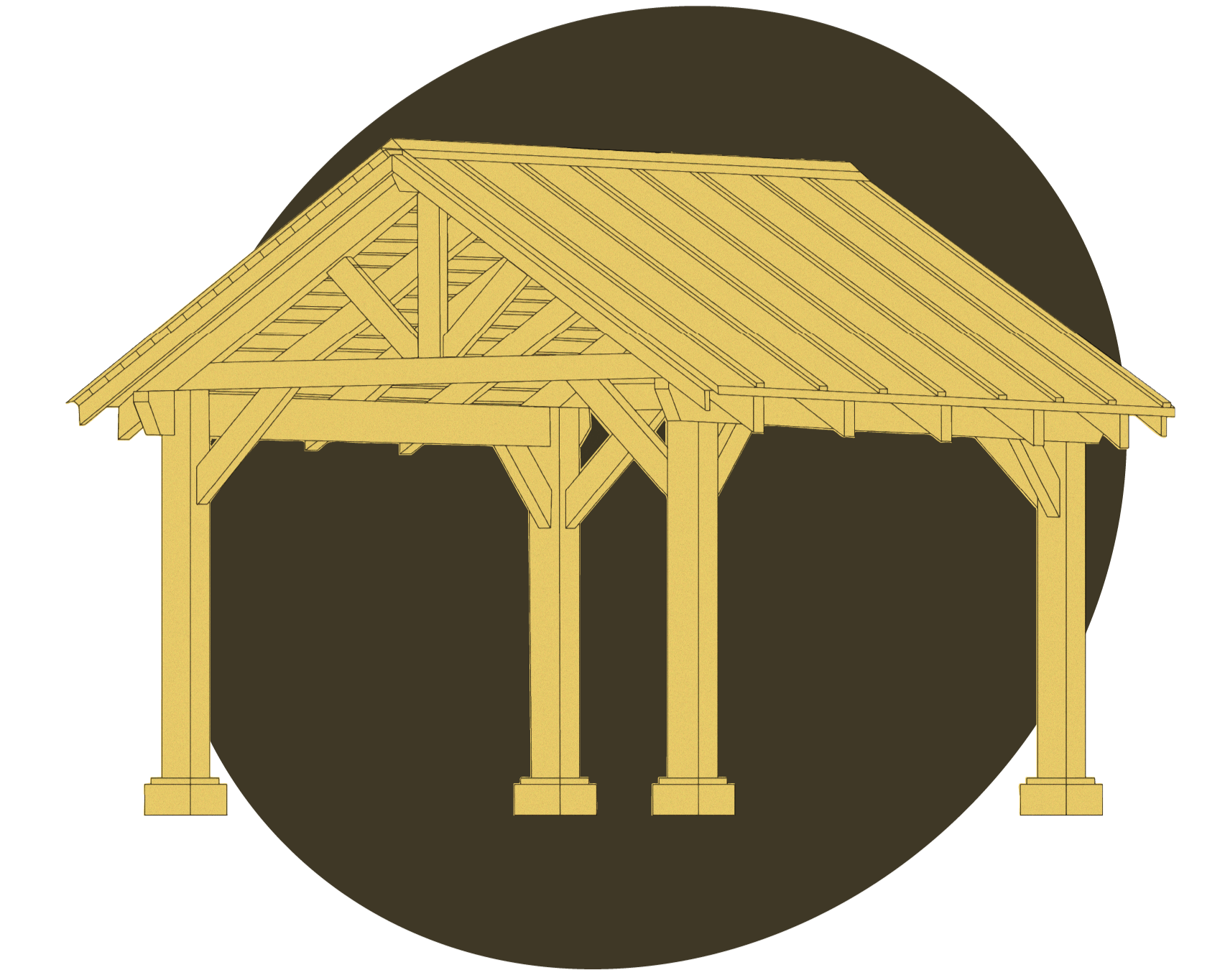 Digital illustration of a wooden pavilion with a gabled roof against a dark background.