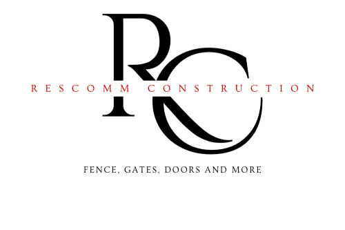Rescomm Construction logo with large stylized 'R' and 'C', red text 'RESCOMM CONSTRUCTION', and black text 'FENCE, GATES, DOORS AND MORE'.