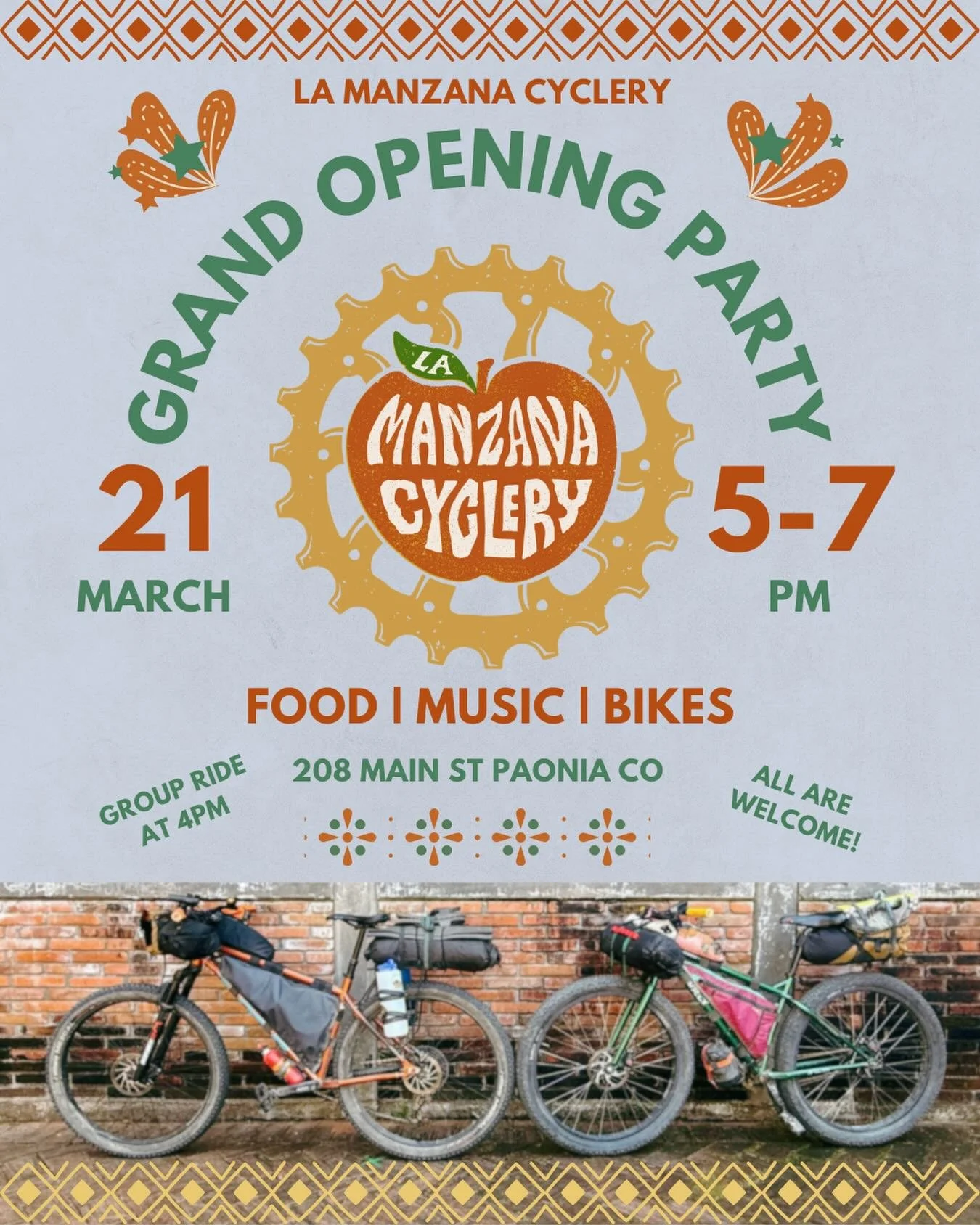 Save the date - the time for La Manzana Cyclery&rsquo;s grand opening is approaching! Alongside the spring equinox, we can&rsquo;t think of a better time to celebrate the launch of the shop. 

There&rsquo;ll be a group ride at 4pm, and then some musi