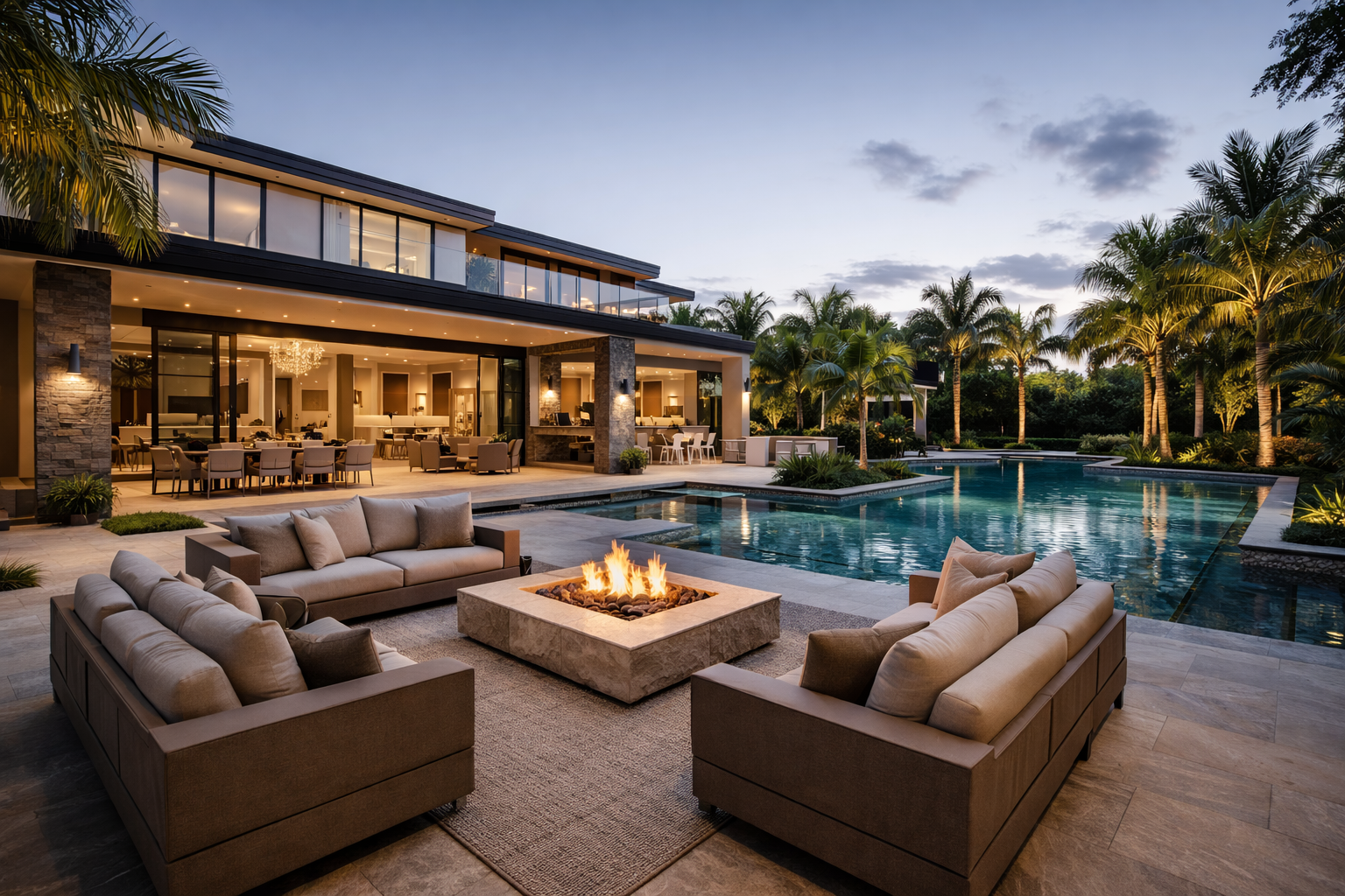 Área ao ar livre de uma casa moderna com piscina, sofás com almofadas, lareira a céu aberto, iluminação suave, vegetação tropical e céu ao entardecer.