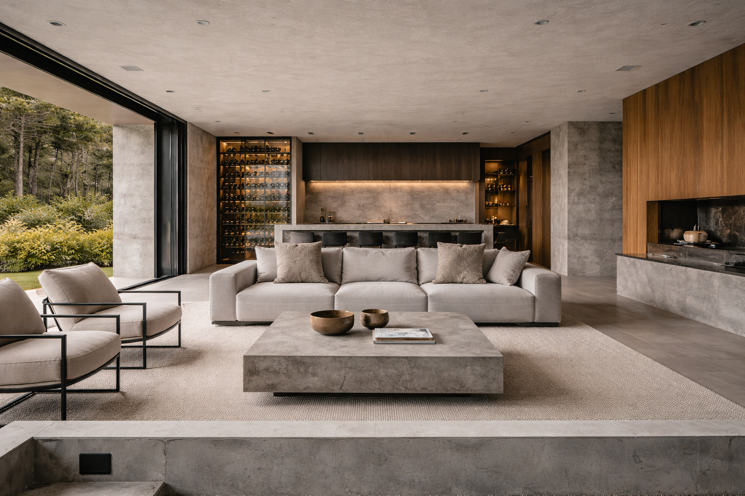 Sala de estar moderna com sofá cinza, duas poltronas de aço e veludo claro, mesa de centro de pedra e uma parede com prateleiras de vidro com vinho ao fundo.