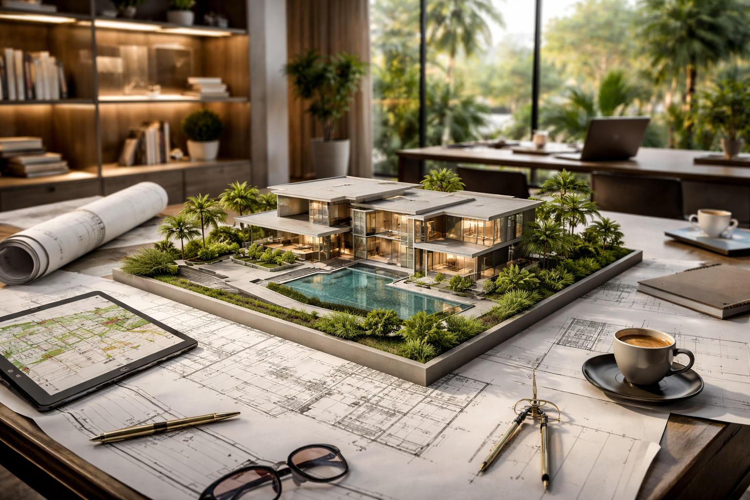 Maquete de um projeto arquitetônico de uma residência moderna com piscina, cercada de vegetação, com computador, planta, caneta, óculos, e uma xícara de café sobre a mesa.