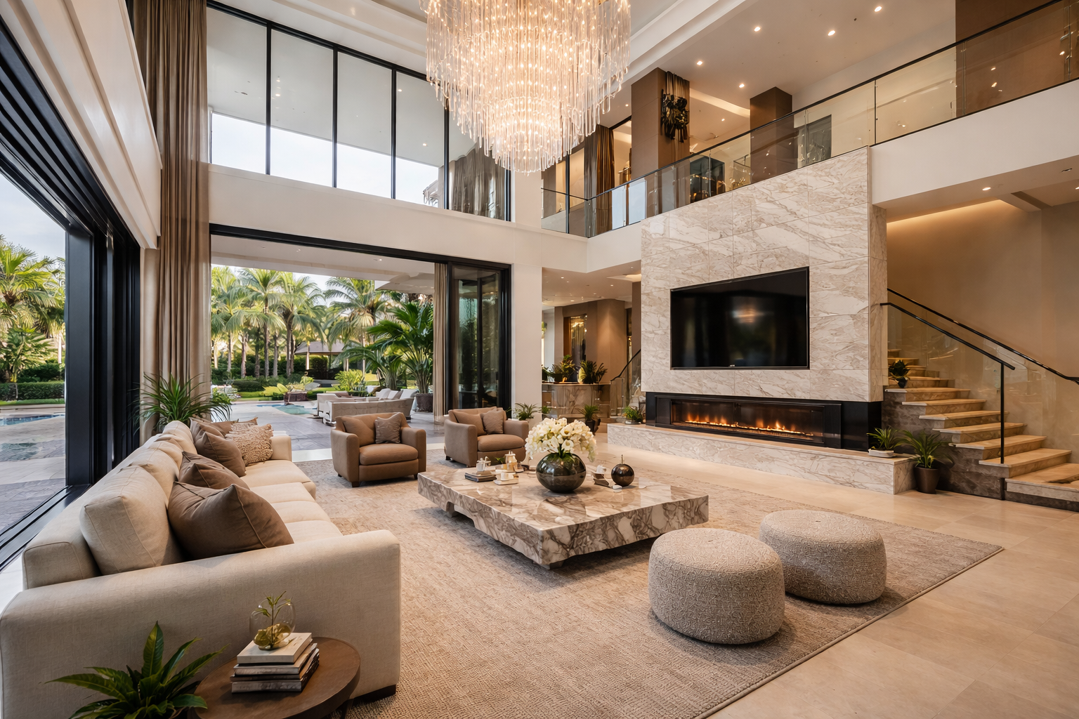 Sala de estar moderna com sofá bege, poltronas, mesa de centro de mármore, lareira e televisão grande, com janelas amplas e vista para jardim com palmeiras.
