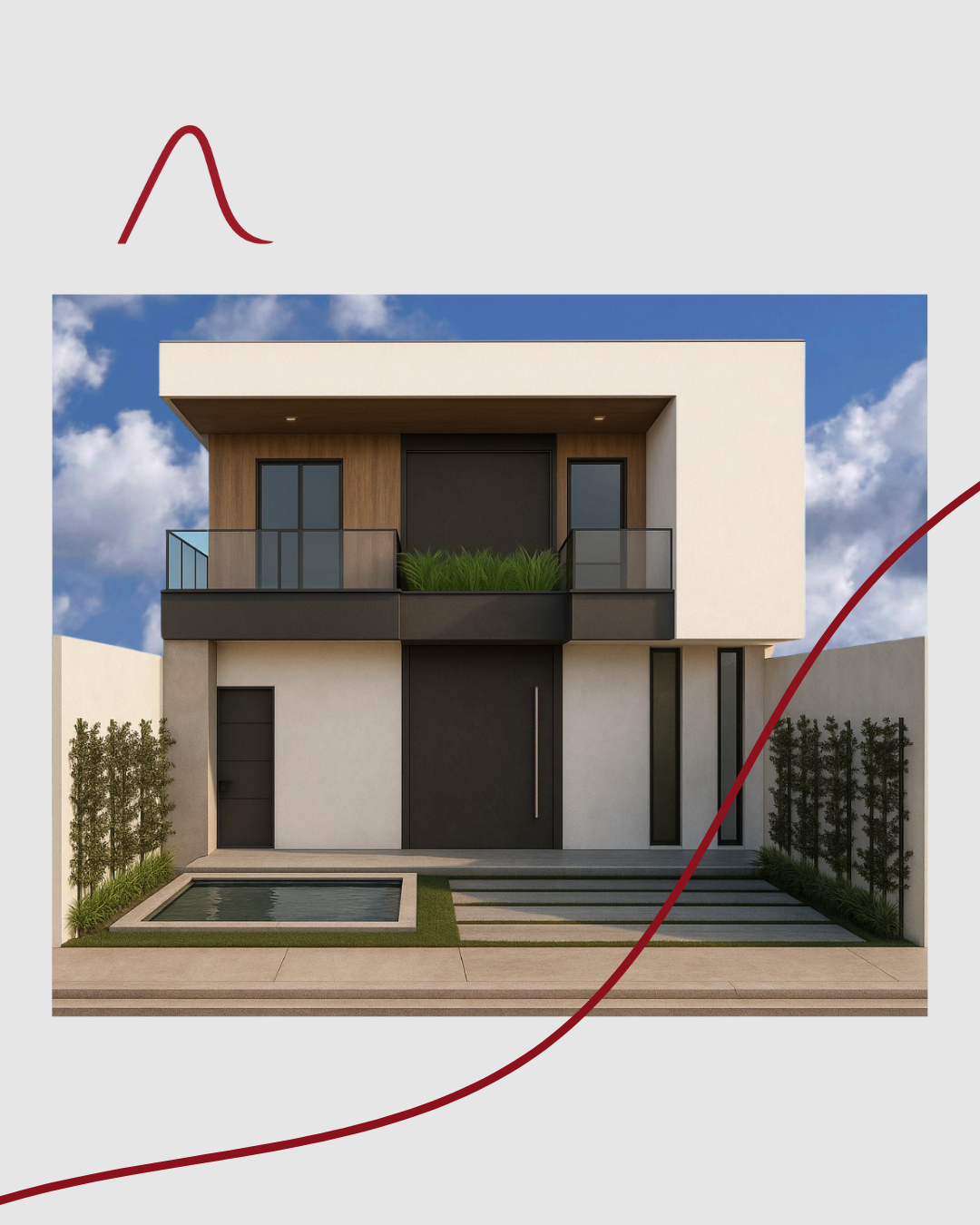 Fachada de uma casa moderna com dois andares, parede branca, detalhes em madeira e preto, varanda com plantas e espaço para piscina na frente.