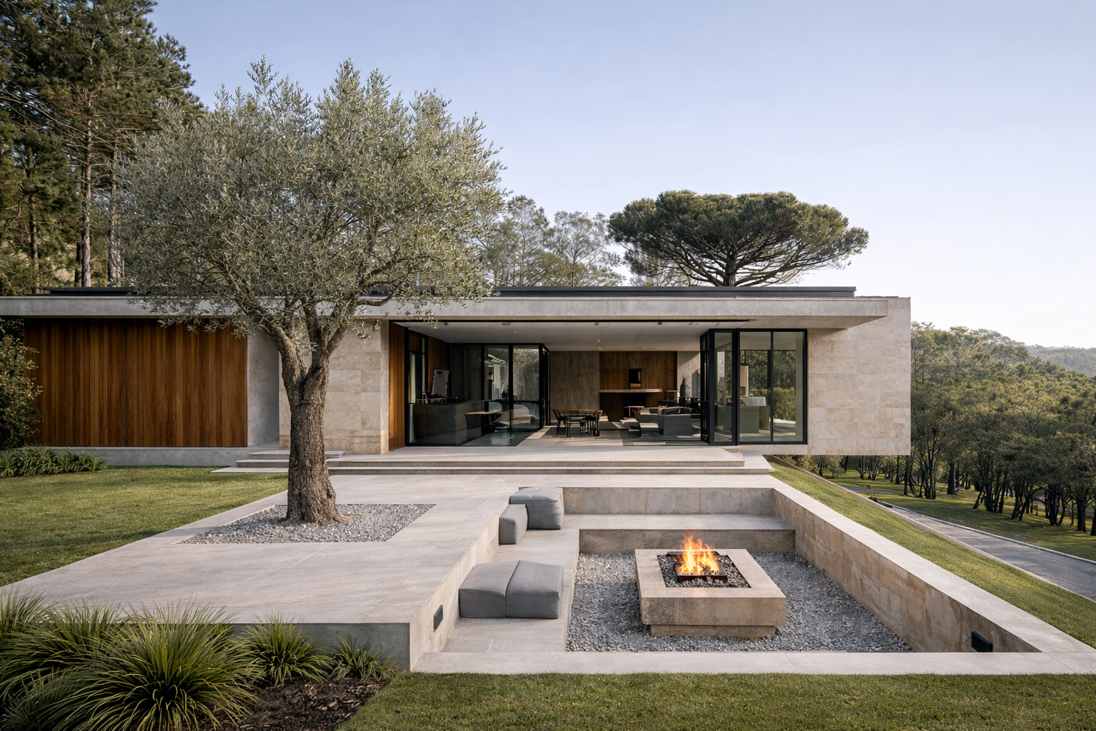 Casa moderna de vidros e concreto com varanda e jardim, com árvores ao redor e lareira ao ar livre