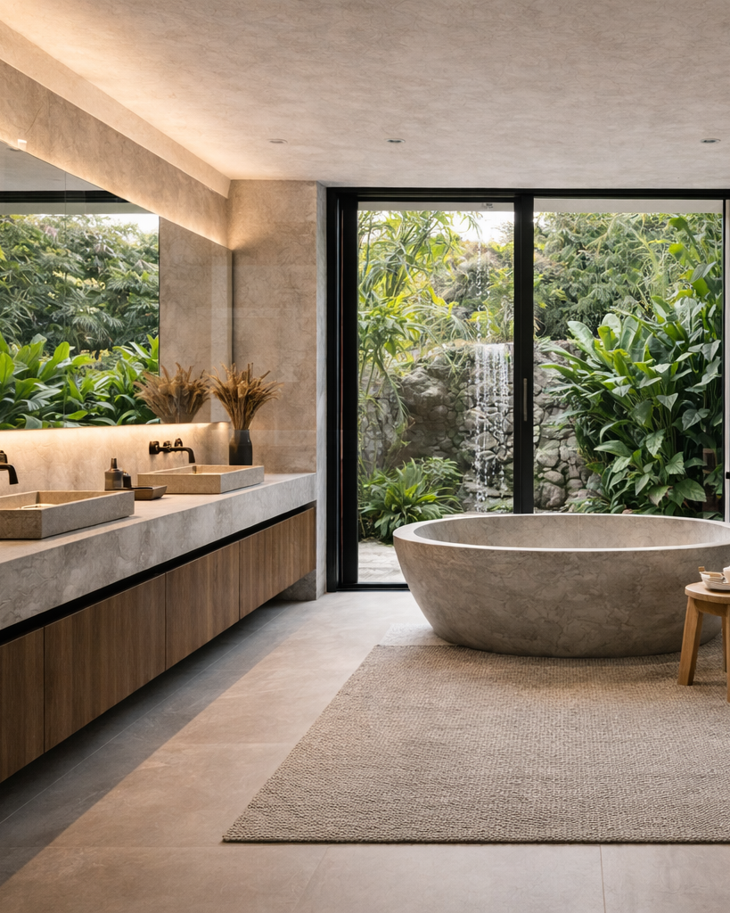 Banheiro com banheira de pedra, grande janela com vista para jardim com vegetação densa e cascata artificial.