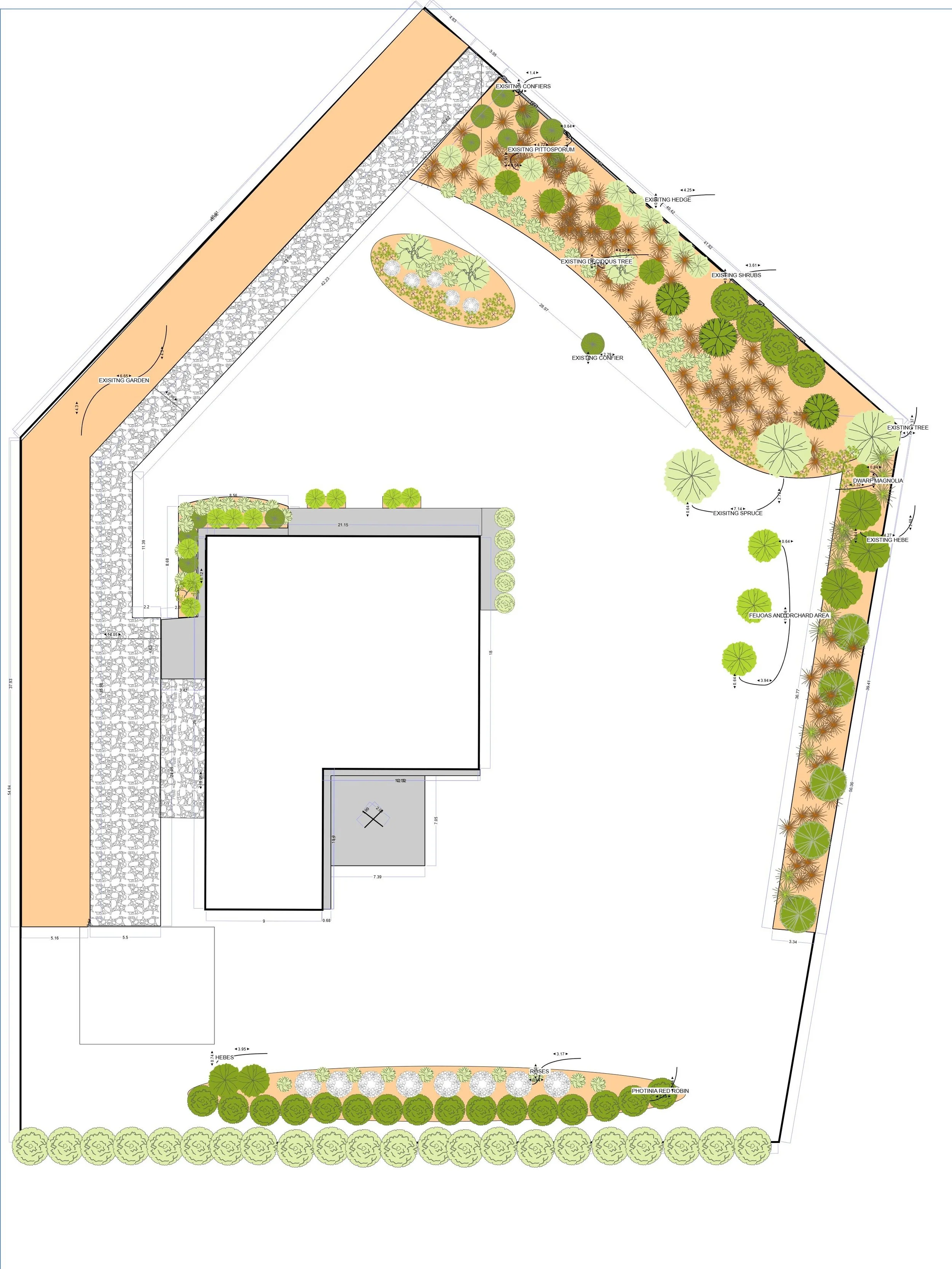 Landscape design plan showing various trees, shrubs, flower beds, pathways, and a building layout with measurements.