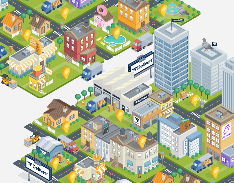 An isometric illustration of a cityscape with buildings, streets, delivery trucks, parks, and various small businesses.