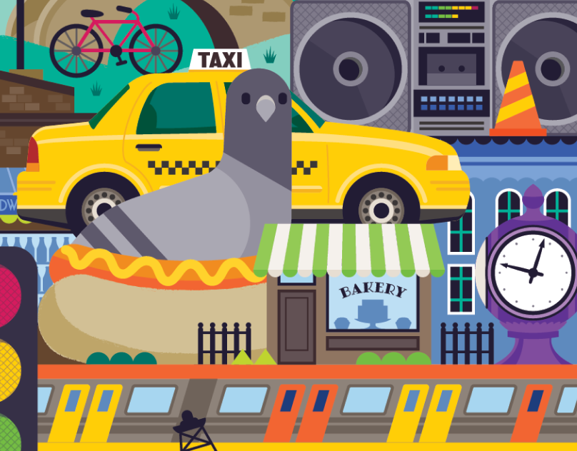 Various city street elements including a yellow taxi, a hot dog stand, a baked goods shop with green and white striped awning, a purple clock, a boombox, bicycle, and traffic signals.