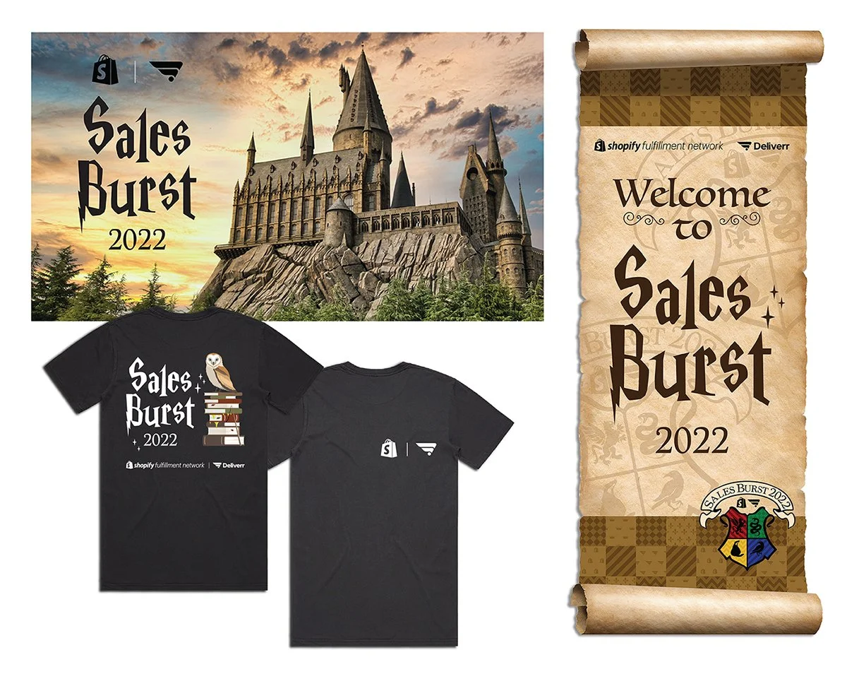An image showing a promotional banner for Sales Burst 2022 with a background of a large castle on a hill at sunset, black T-shirts with Sales Burst 2022 logo and owl graphic, and a scroll with a welcome message and logo.