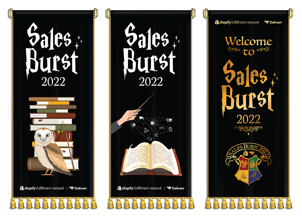 Three black banners with gold tassels for Sales Burst 2022, with Shopify Fulfillment Network and Deliverr logos.