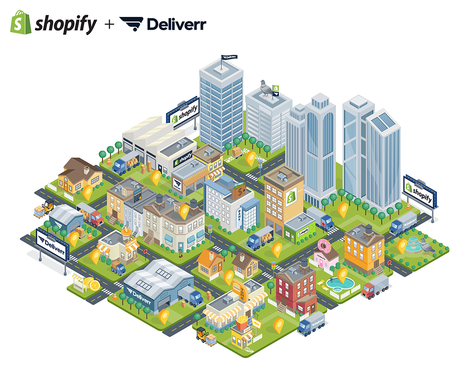 Illustration of a cityscape showing various buildings, roads, trees, and vehicles, with Shopify and Deliverr logos indicating a partnership.