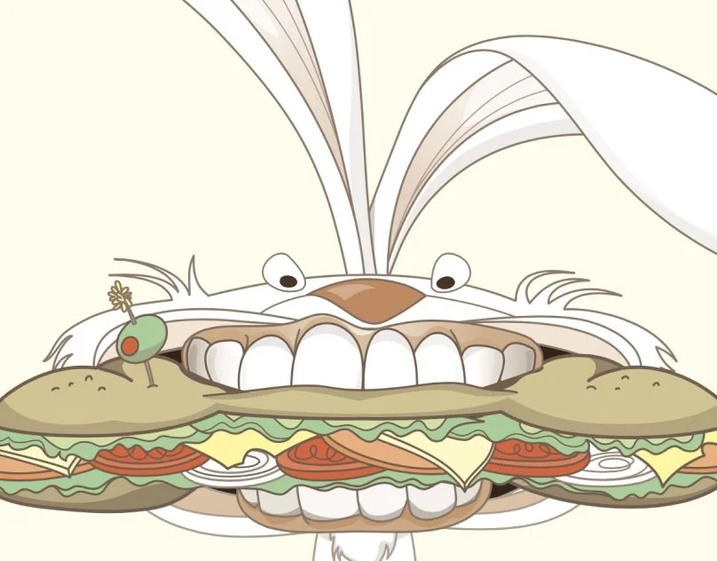 Cartoon rabbit holding a large sandwich with various meats, cheeses, and vegetables.