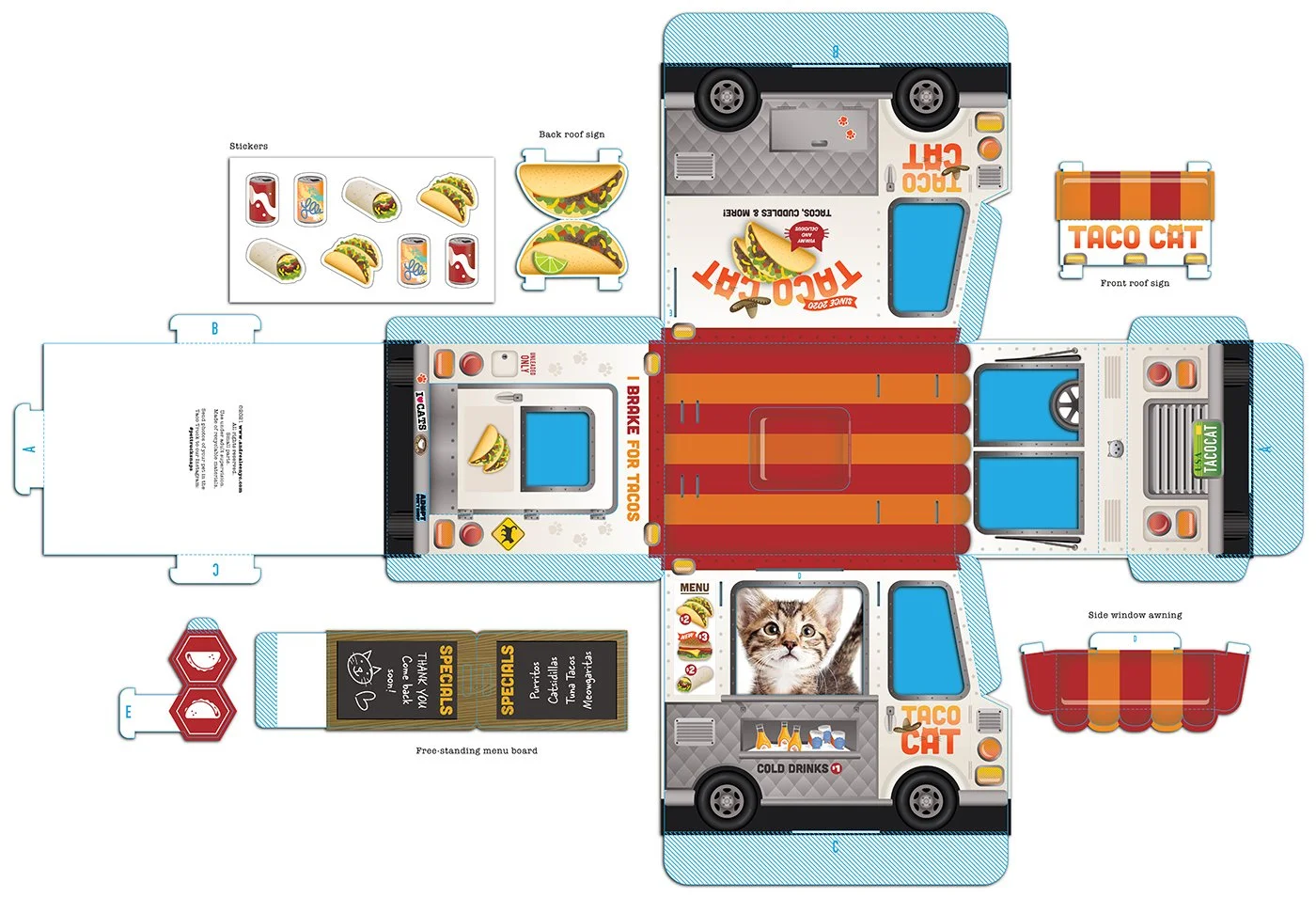 Colorful, flat illustration of a Taco Cat food truck with signage, menu, side window, roof signs, and various decorative elements.